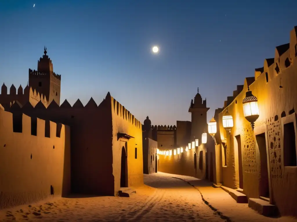 Noches de leyendas urbanas en Djenné, Mali: la Gran Mezquita y antiguas edificaciones de barro se recortan contra un cielo estrellado