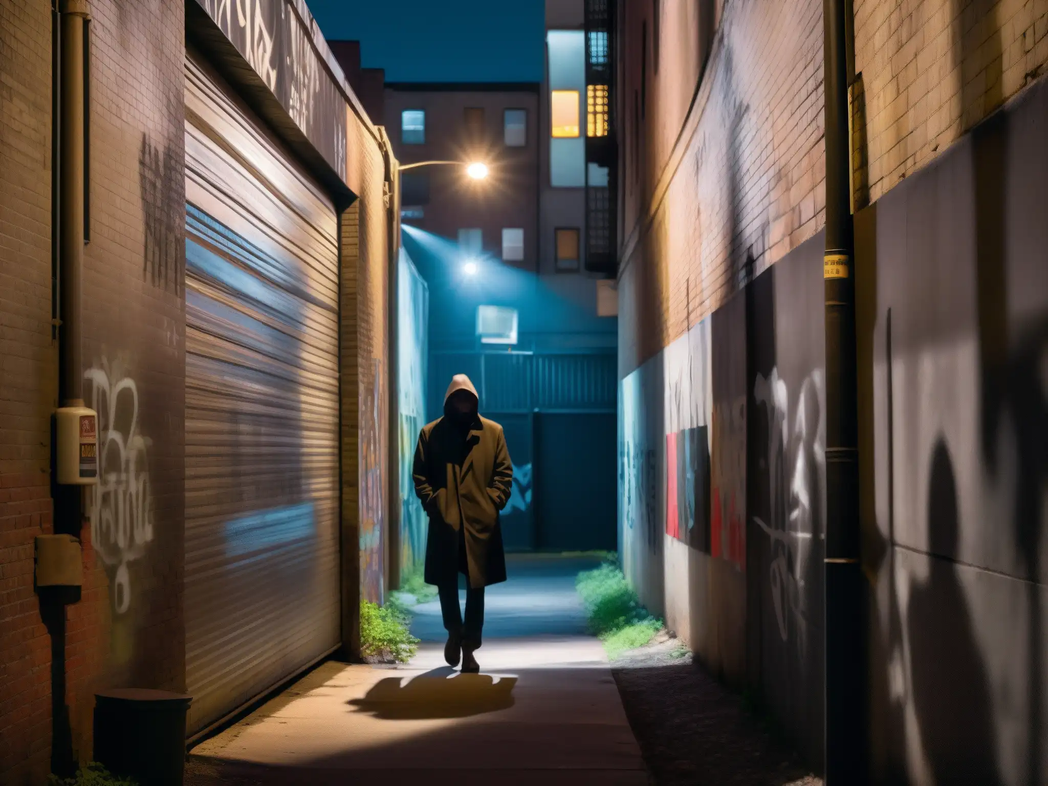 Alley nocturno con graffiti, figura en sombras, ambiente misterioso y urbano