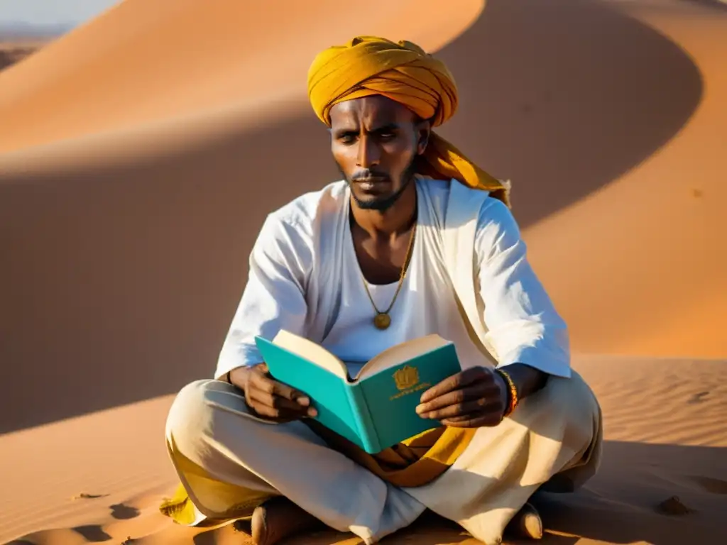 Un nómada somalí en el desierto, con un libro de historias insólitas, rodeado de dunas doradas y su camello