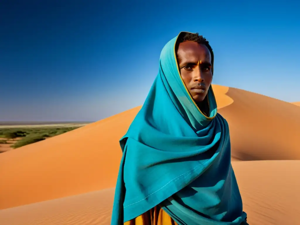 Un nómada somalí envuelto en ropa vibrante en el desierto dorado bajo un cielo azul
