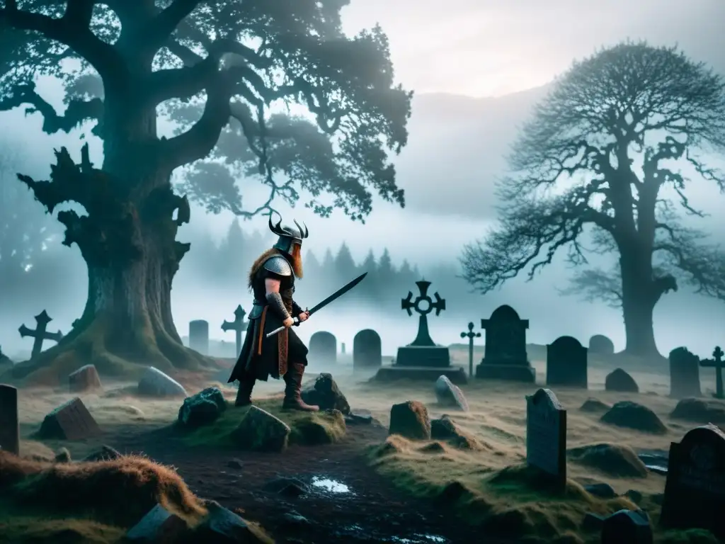 Draugar en mitología nórdica: imagen de un cementerio neblinoso y misterioso, con tumbas antiguas y árboles retorcidos
