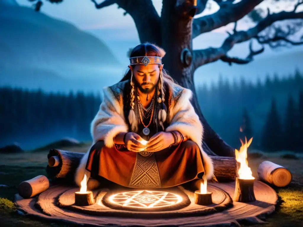 Un chamán nórdico realiza rituales de adivinación con runas, entre antorchas y la luz mística de la luna