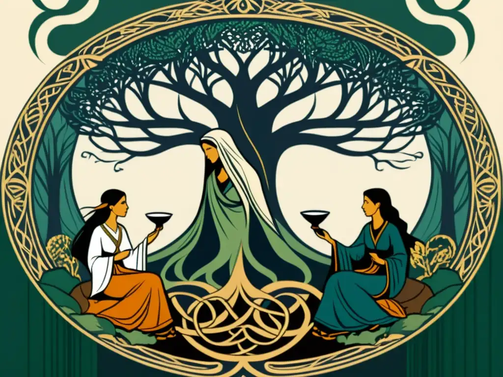 Las tres Nornas tejen el destino bajo Yggdrasil, simbolizando el complejo juego entre destino y libre albedrío en la mitología nórdica
