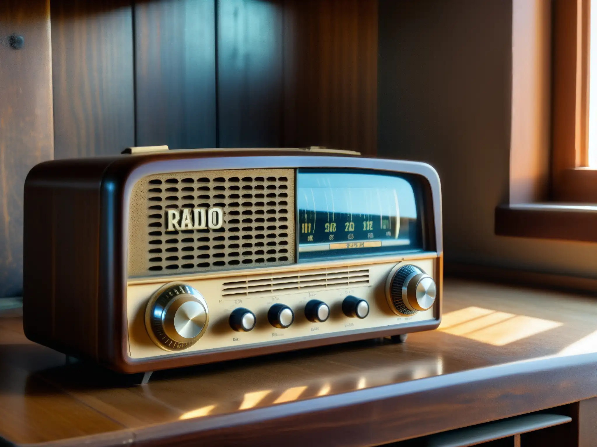 Una nostálgica radio vintage en una mesa de madera polvorienta, iluminada por la luz tenue que entra por una pequeña ventana sucia