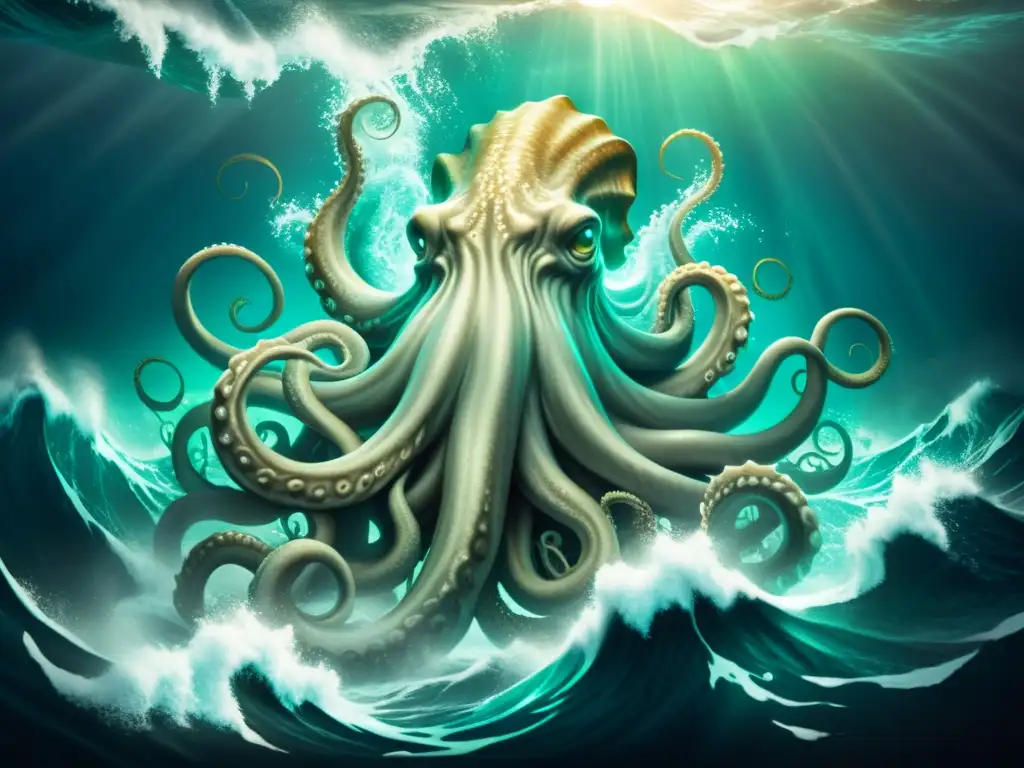 El Kraken mitológico emerge del océano, sus tentáculos intimidantes alcanzan al barco