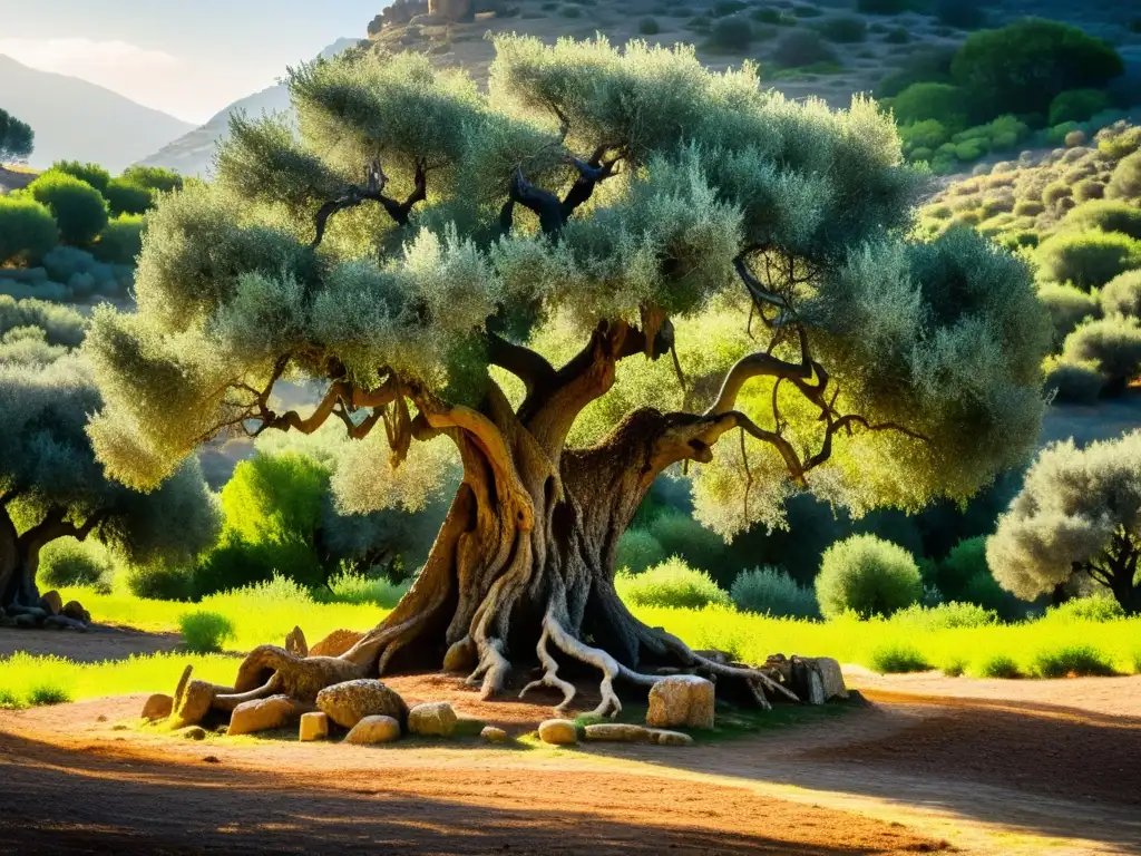 Un olivo ancestral en un místico y encantador olivar, con ramas retorcidas que se extienden en todas las direcciones