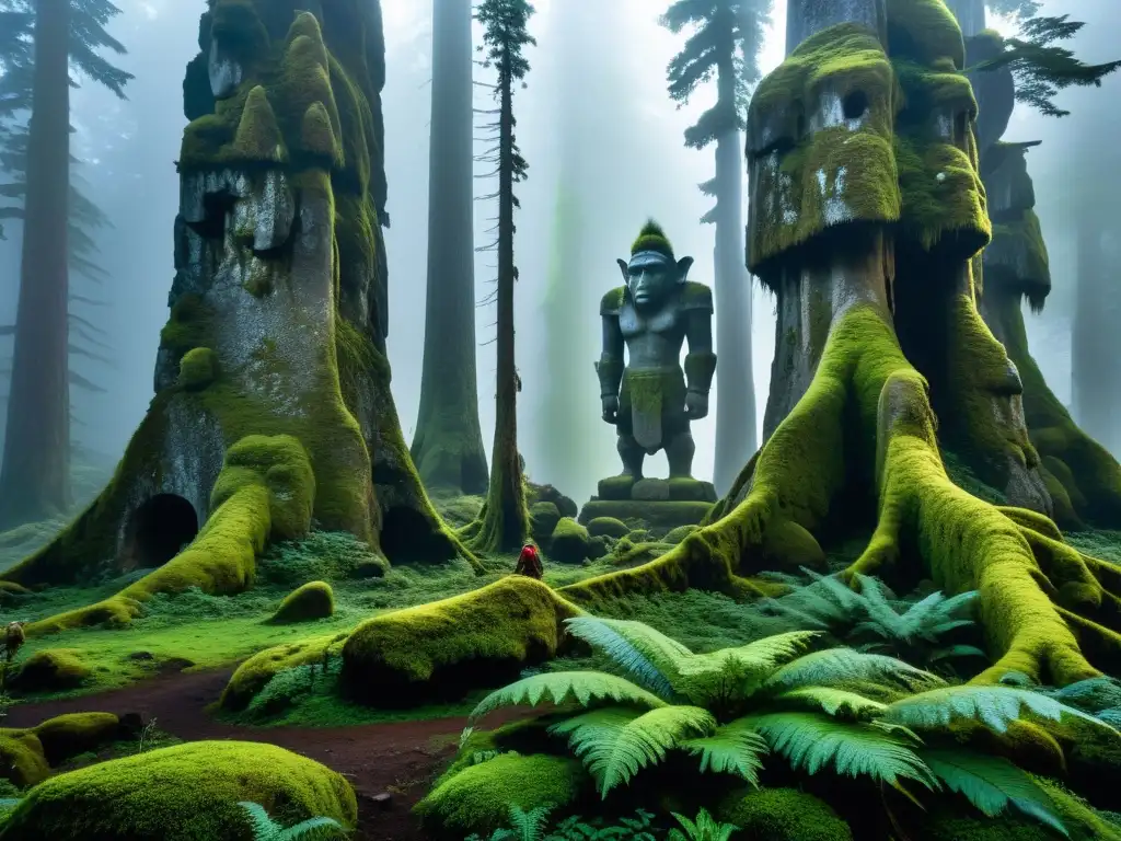 Origen y maldición de los trolls: imagen de bosque neblinoso en montañas del norte con estatuas de trolls entre árboles