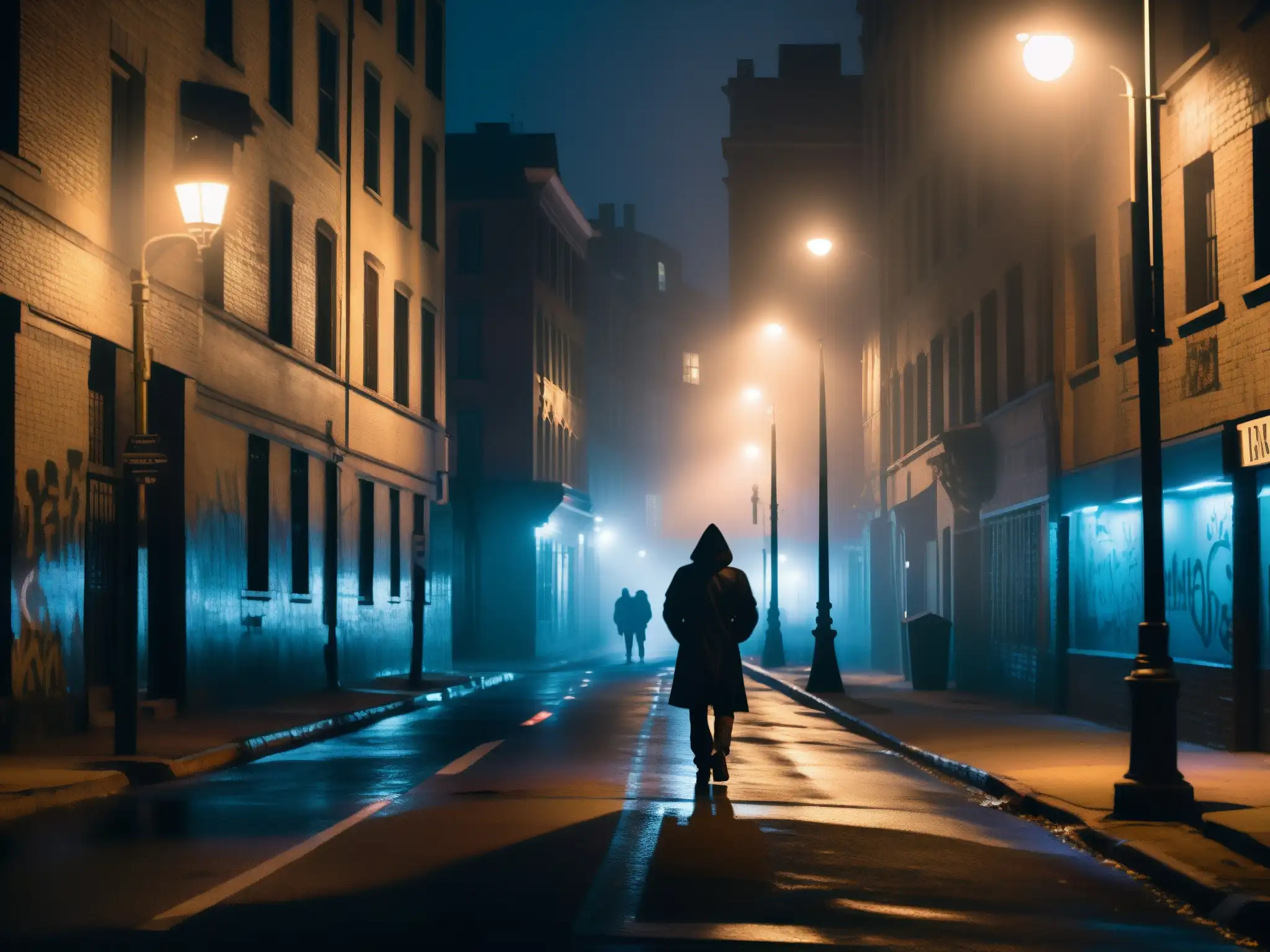 Una oscura calle de la ciudad de noche, con figuras sombrías y una atmósfera neblinosa