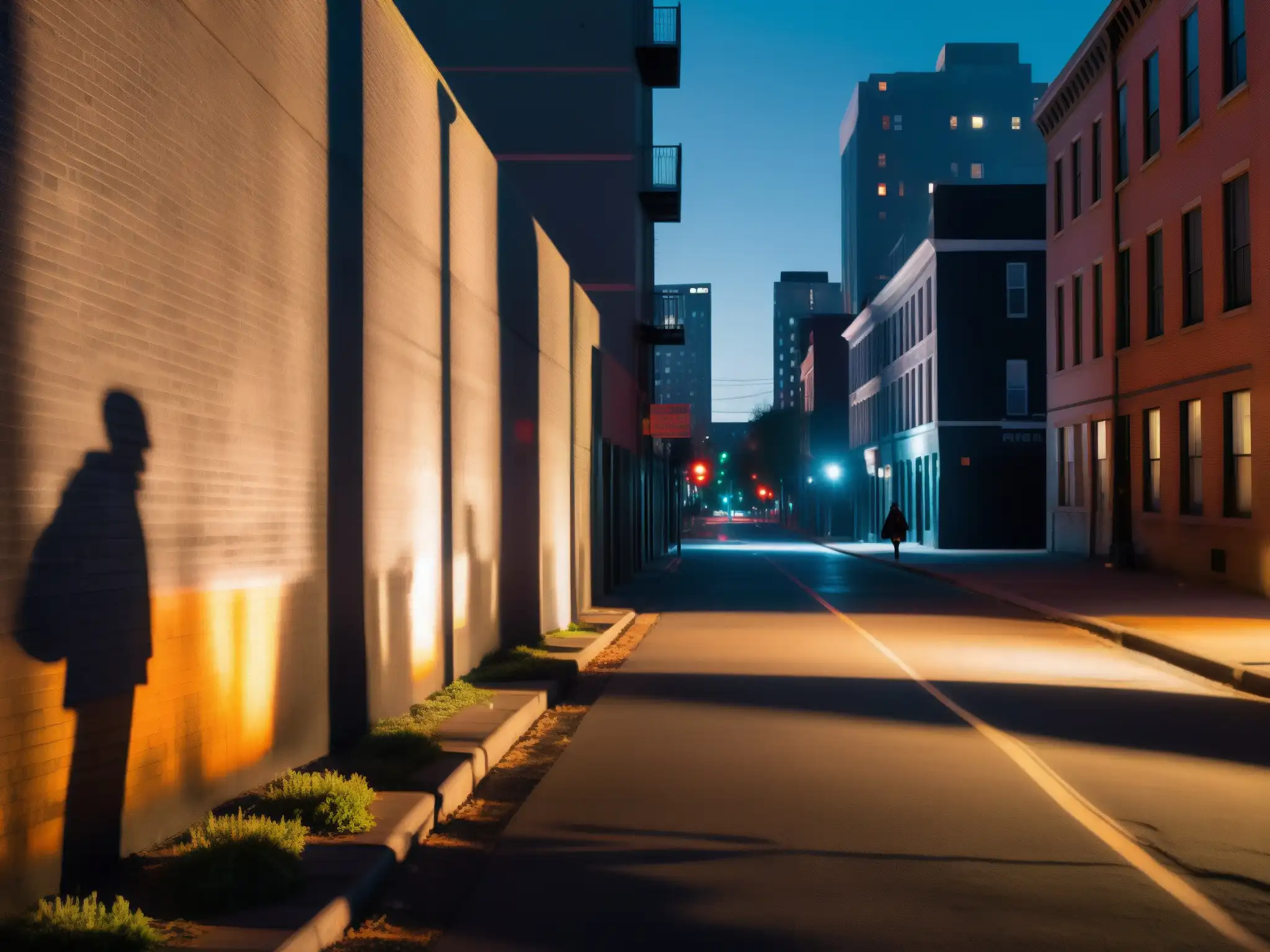 La oscura calle de la ciudad por la noche, con edificios altos proyectando largas sombras