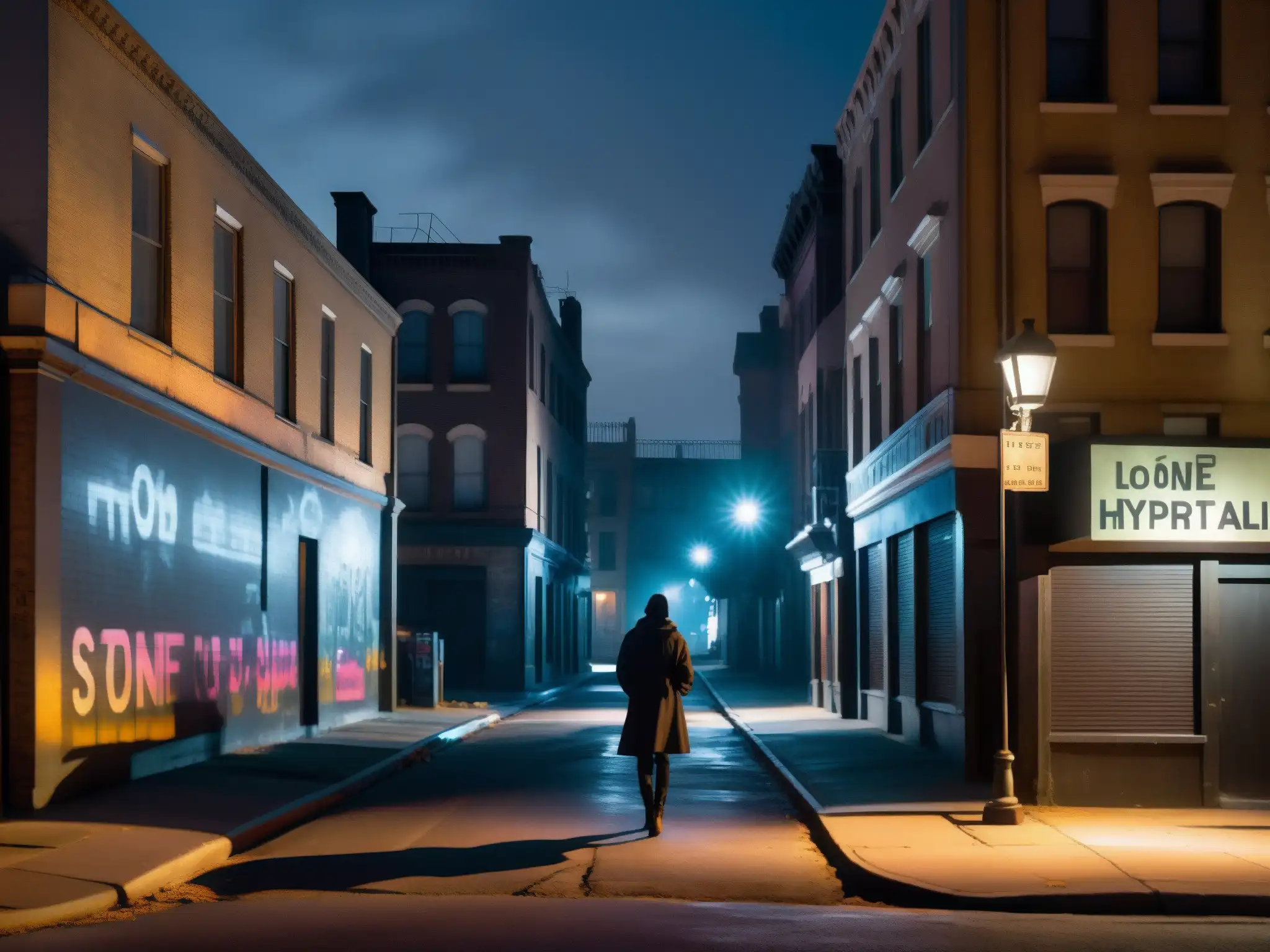 Una oscura calle de la ciudad de noche, con sombras y siluetas de edificios