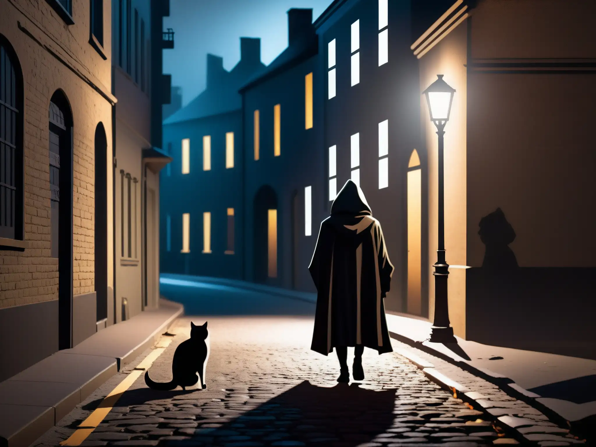 En una oscura calle de la ciudad de noche, con figuras misteriosas y un aura sobrenatural, perpetuación de supersticiones en leyendas urbanas