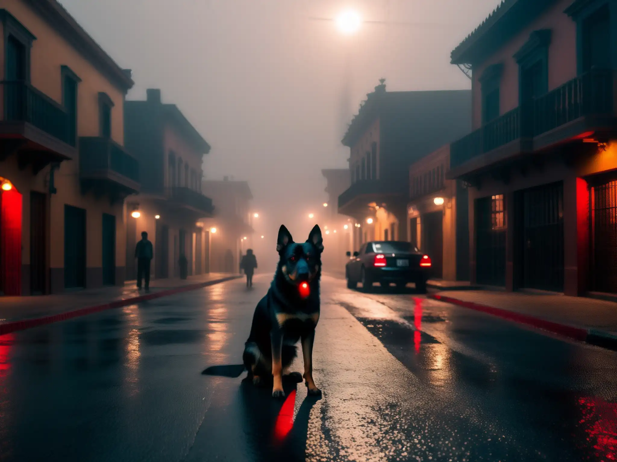 En la oscura calle de México de noche, un inquietante Cadejo protector presagia muerte en las noches, con ojos rojos