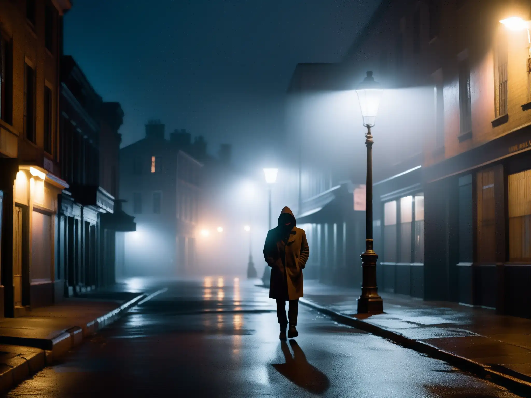 En una oscura calle urbana, una figura solitaria bajo la luz titilante de una farola, sosteniendo una afilada hoja