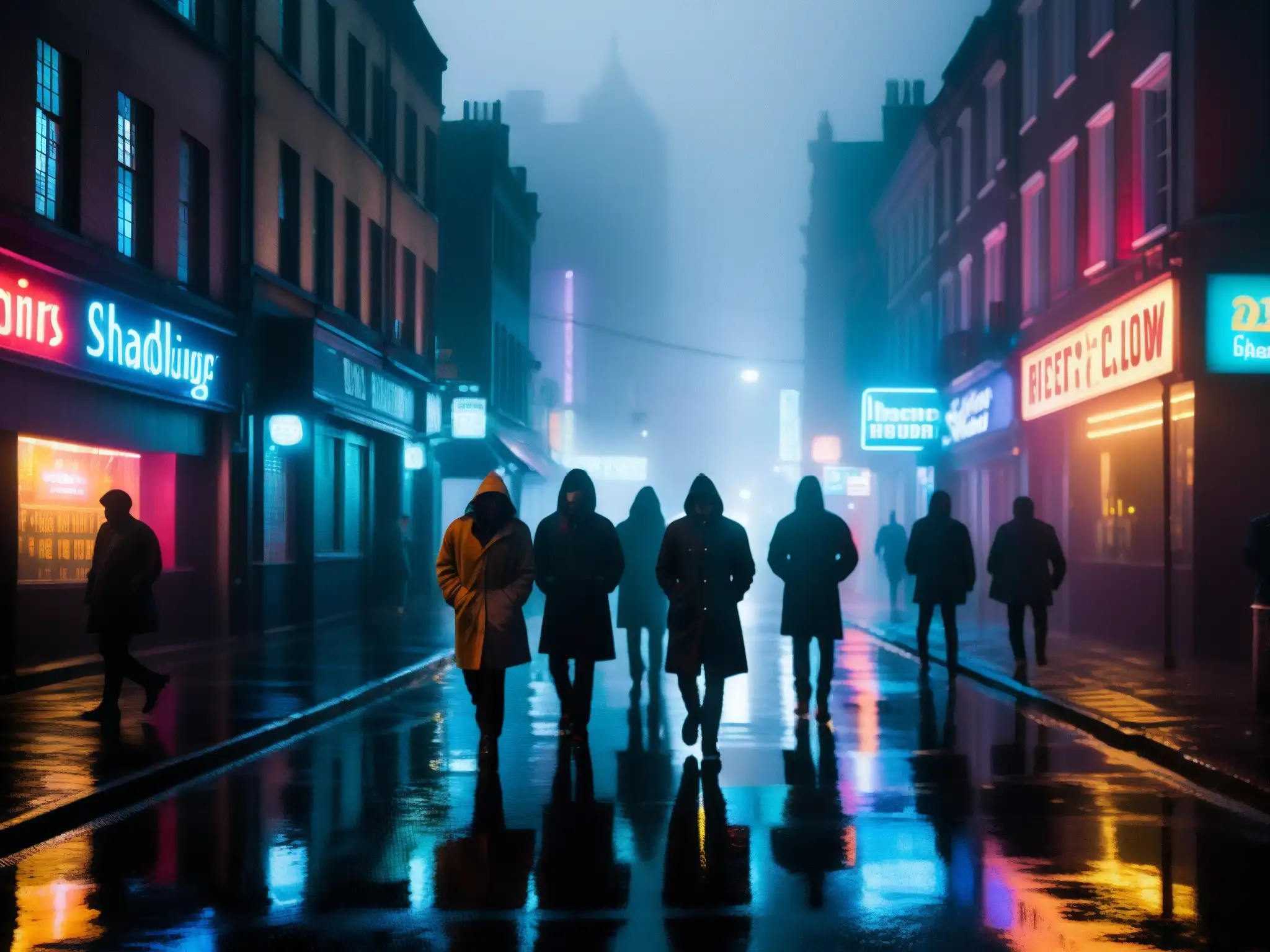 En la oscura ciudad, las luces de neón se reflejan en el pavimento mojado