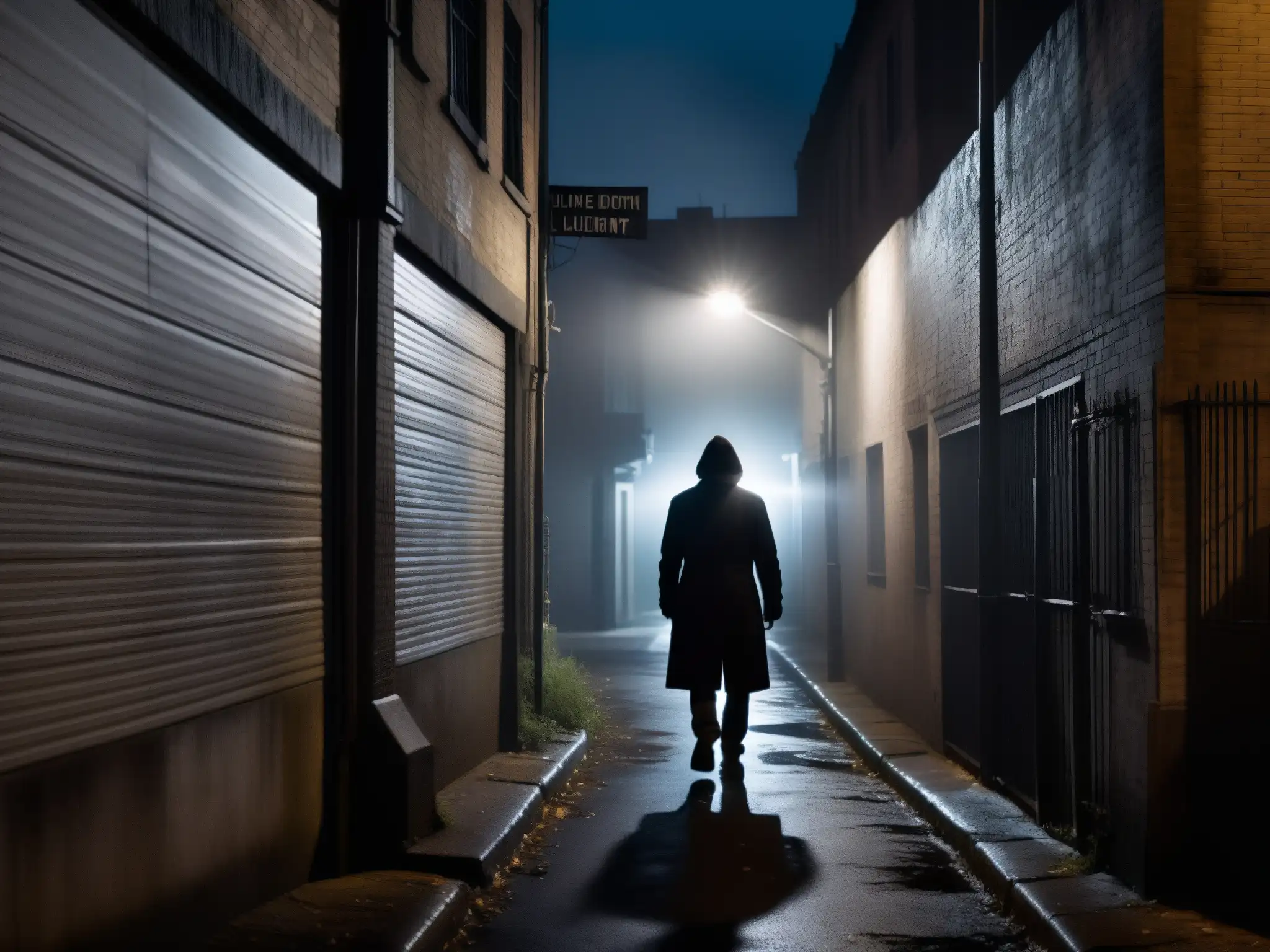 Alley oscura con farola solitaria, sombras inquietantes y figura en la distancia, función advertidora de leyendas urbanas