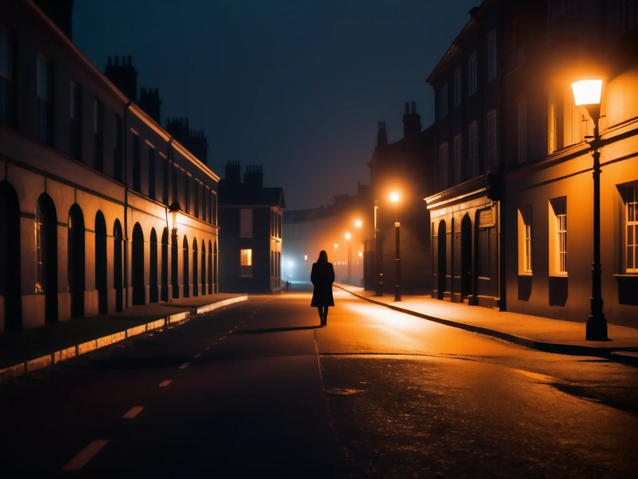 Una fotografía oscura y granulada de una calle desierta por la noche, iluminada solo por el titilante resplandor anaranjado de las farolas