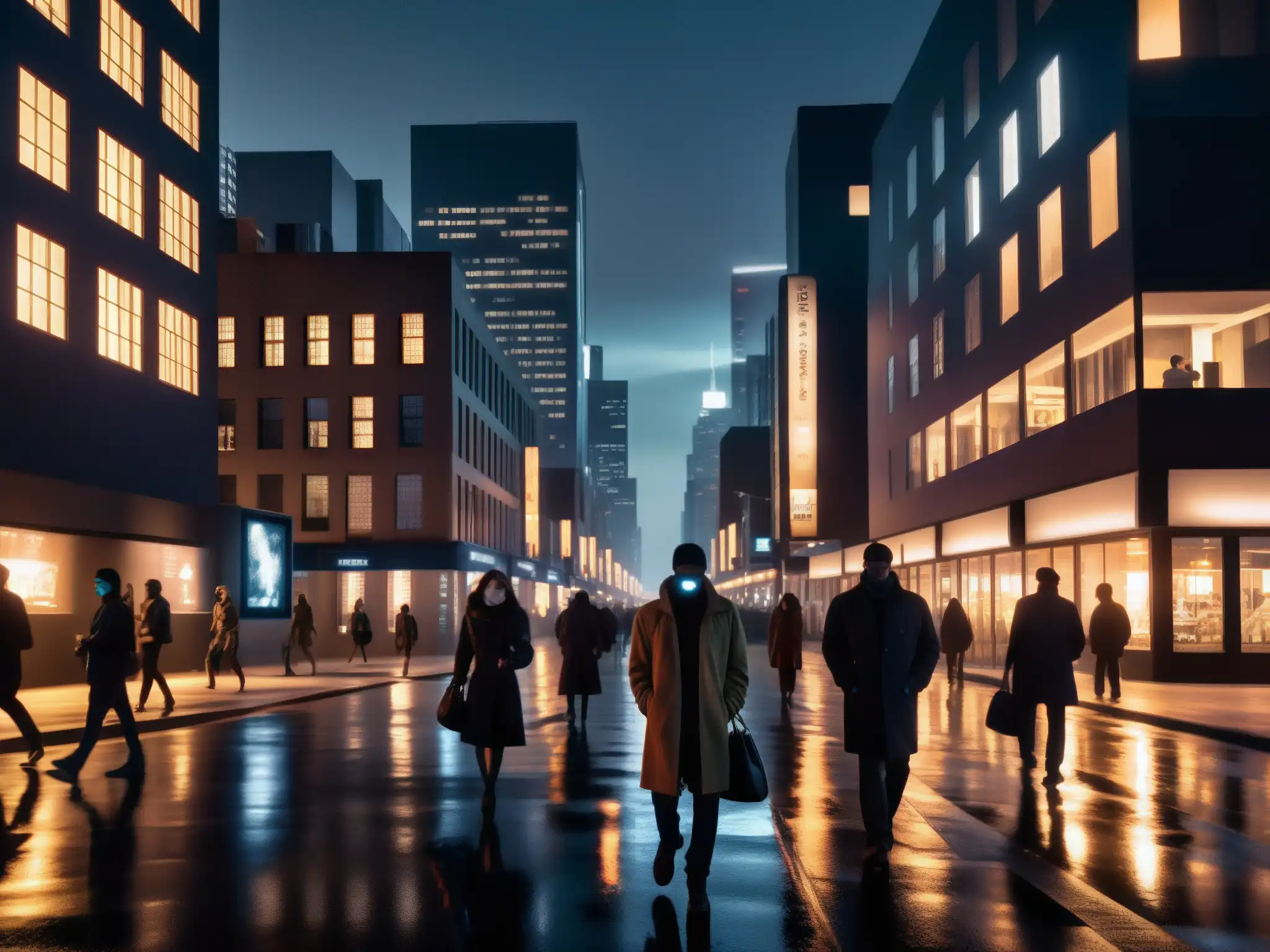 En una oscura y misteriosa calle de la ciudad, los dispositivos inteligentes iluminan rostros en una atmósfera de leyendas urbanas