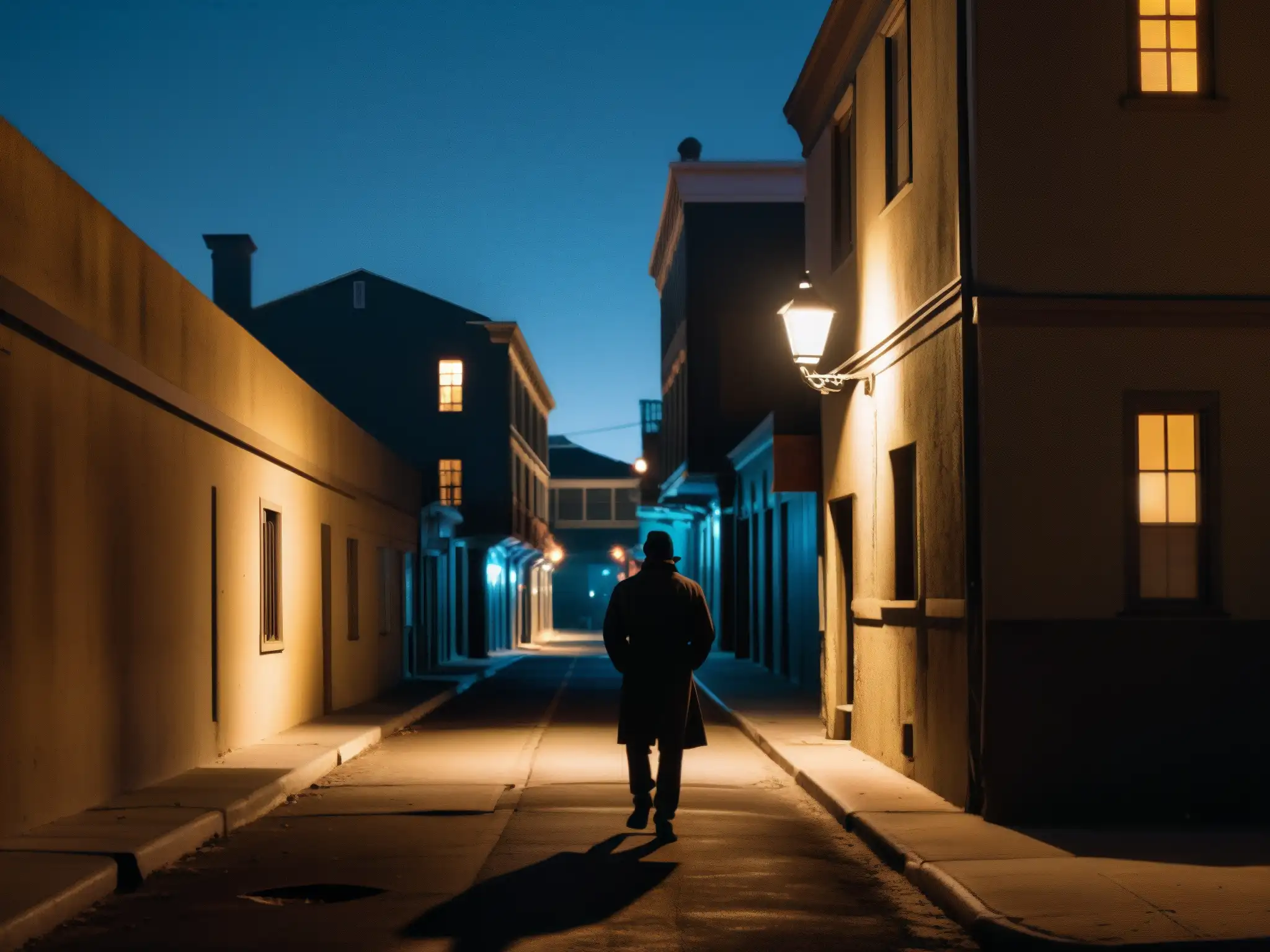 En la oscura y siniestra callejuela de Sacramento de noche, se vislumbra una figura solitaria entre sombras, rodeada de edificios decrépitos