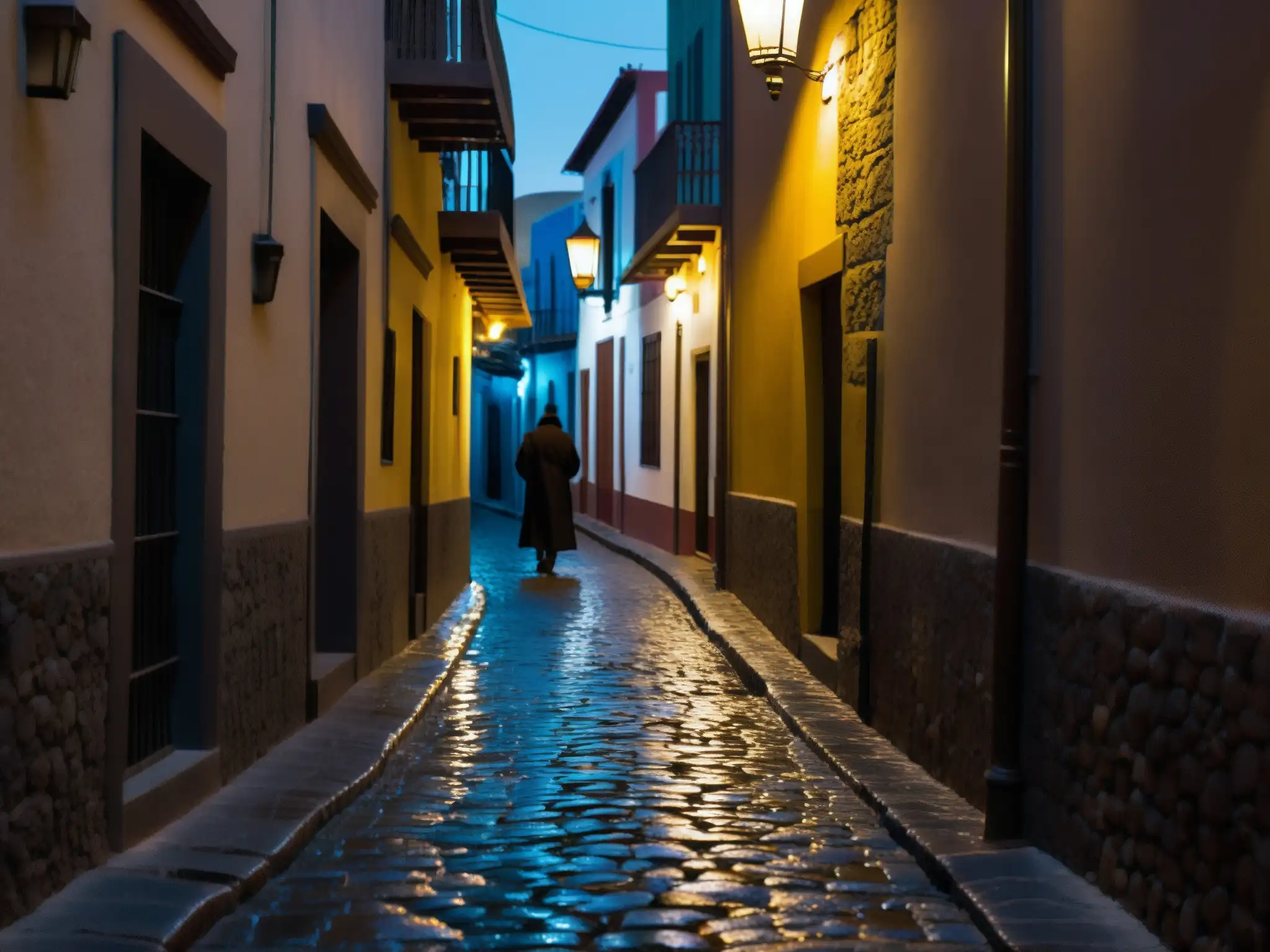 En una oscura y solitaria callejuela de Querétaro, México, una figura se aleja entre sombras