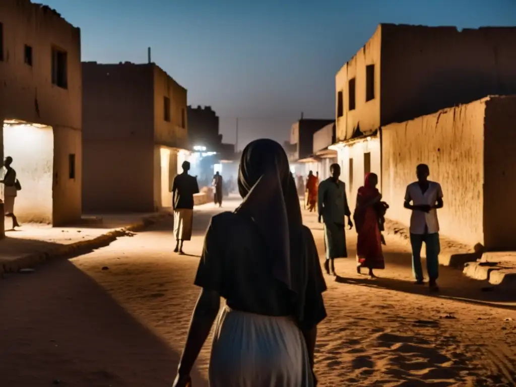 En las oscuras calles de N'Djamena, Chad, la silueta de una mujer sin cabeza rodeada de personas susurrantes y señalando