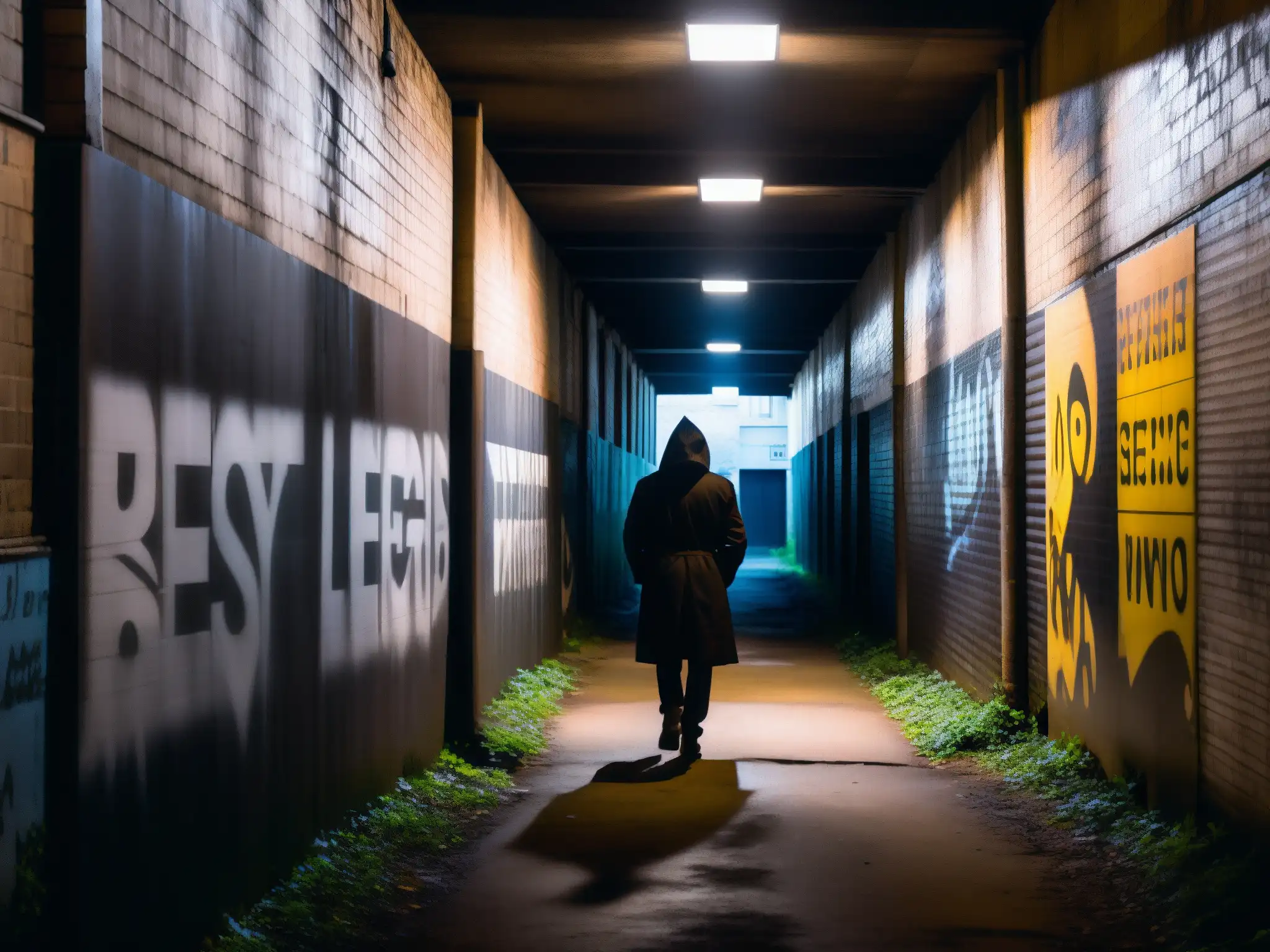 La oscuridad del callejón con grafitis crea un ambiente inquietante y misterioso, con una figura solitaria al fondo