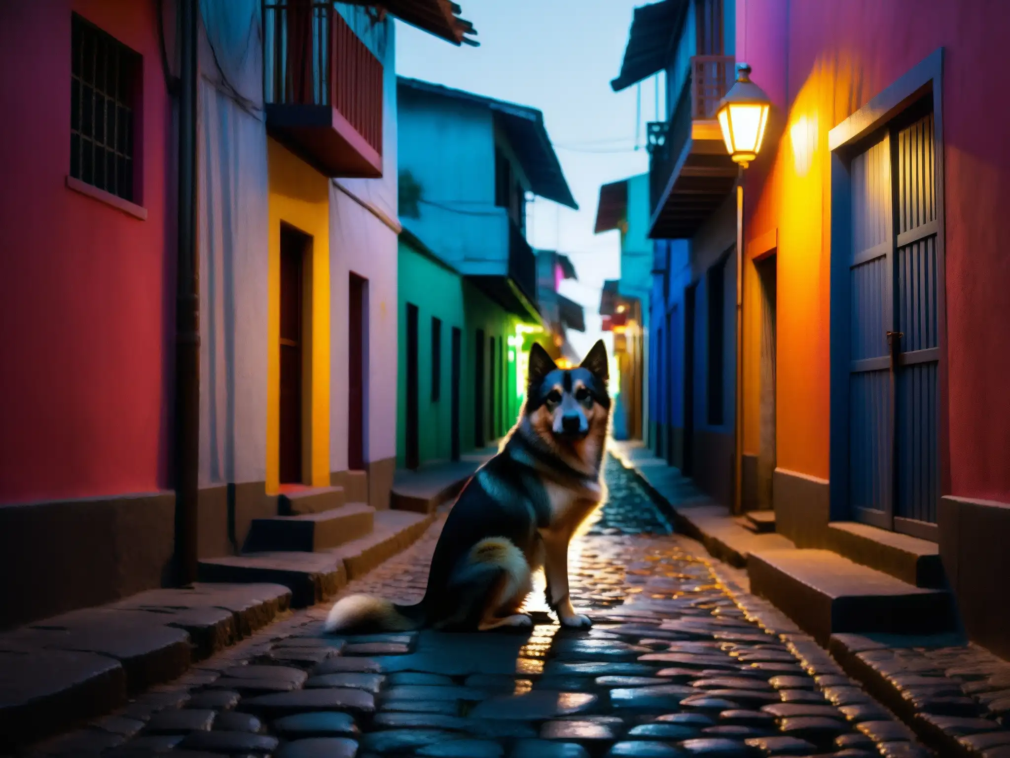 En la oscuridad de un callejón, brilla la mirada del El Cadejo, protector o predador, evocando misterio y temor en un pueblo de Centroamérica