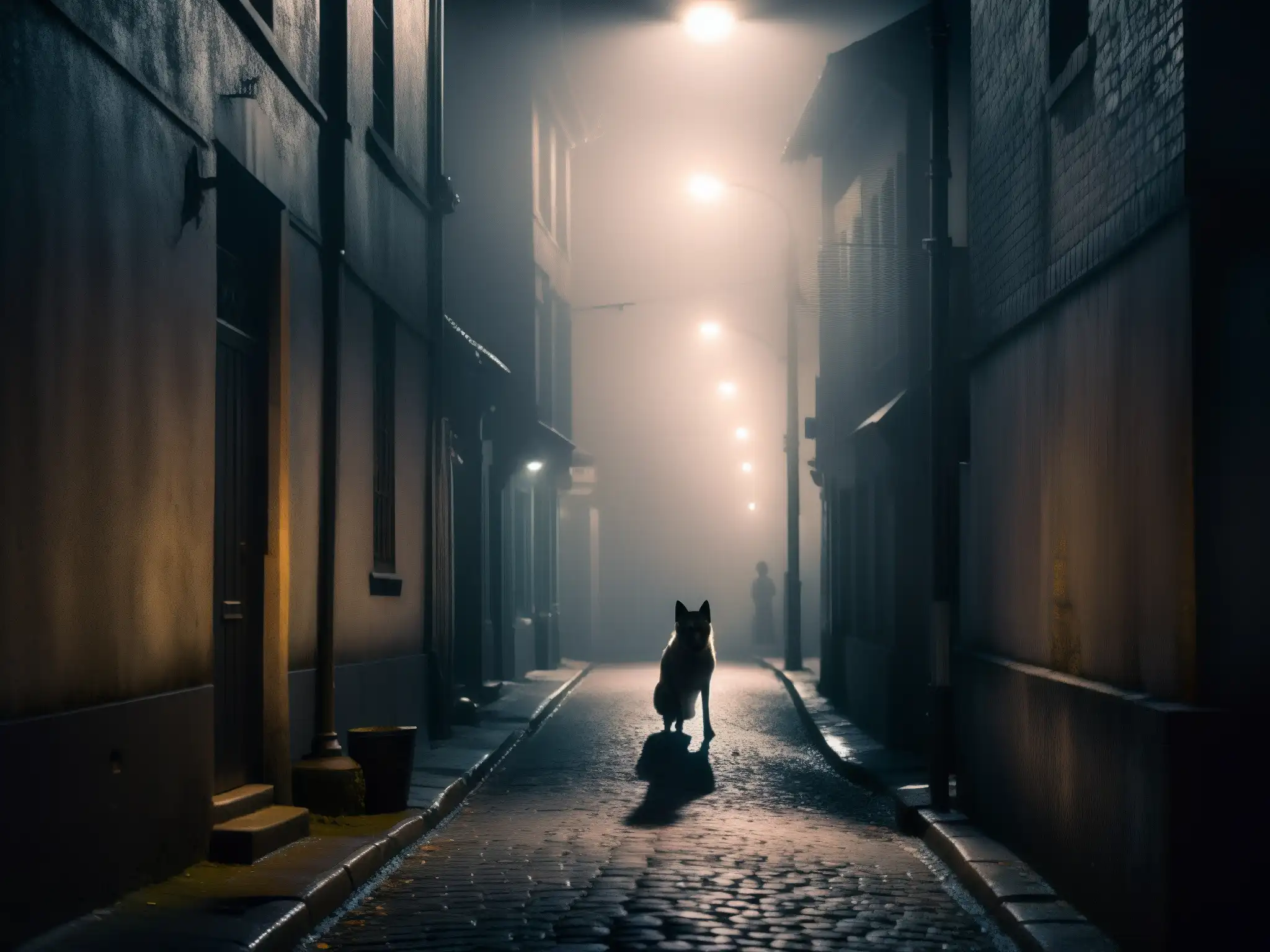 En la oscuridad de un callejón neblinoso, un misterioso Jinmenken con rostro humano observa fijamente