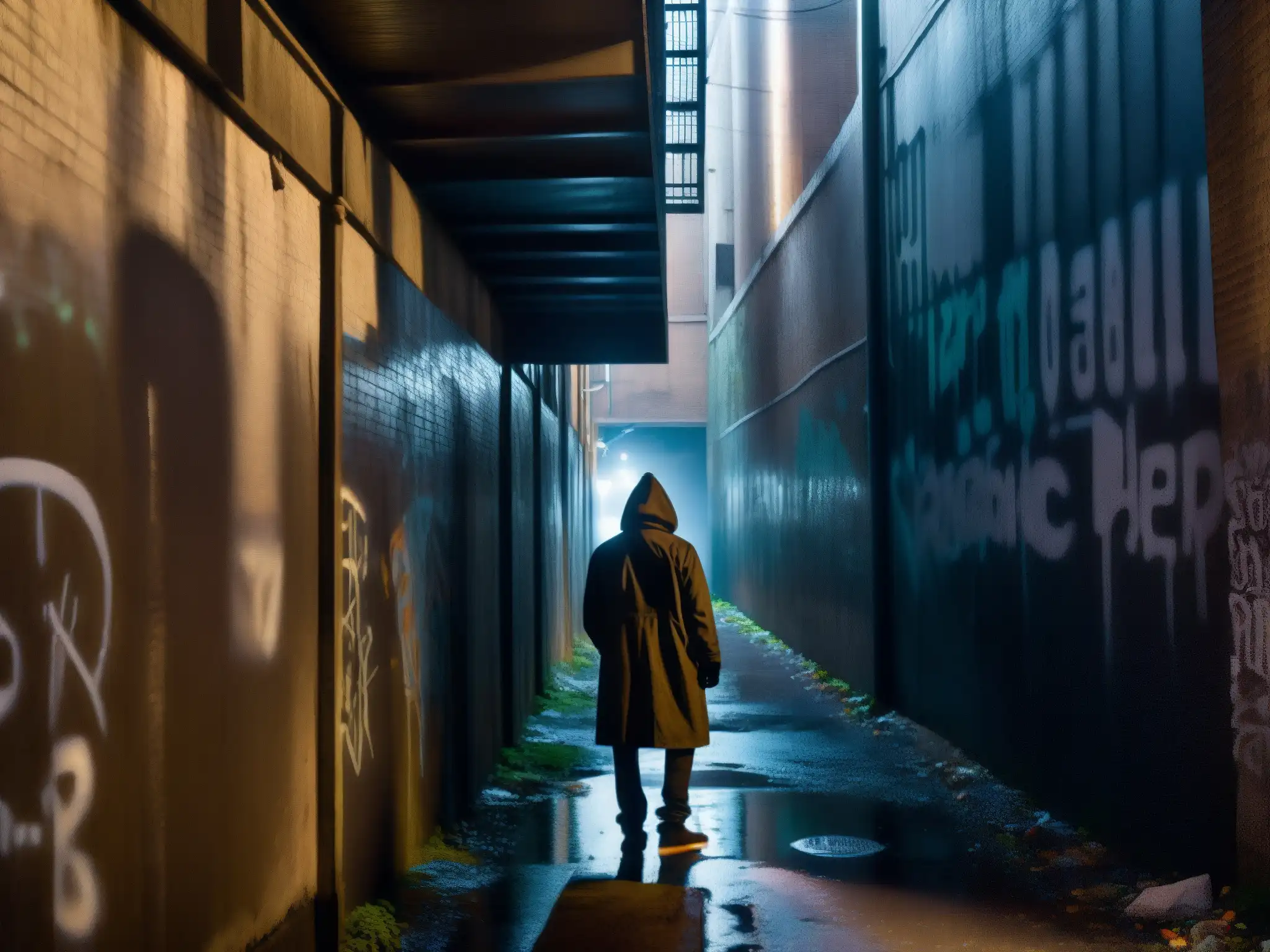 En la oscuridad de un callejón urbano, una figura solitaria se destaca entre las paredes cubiertas de grafitis