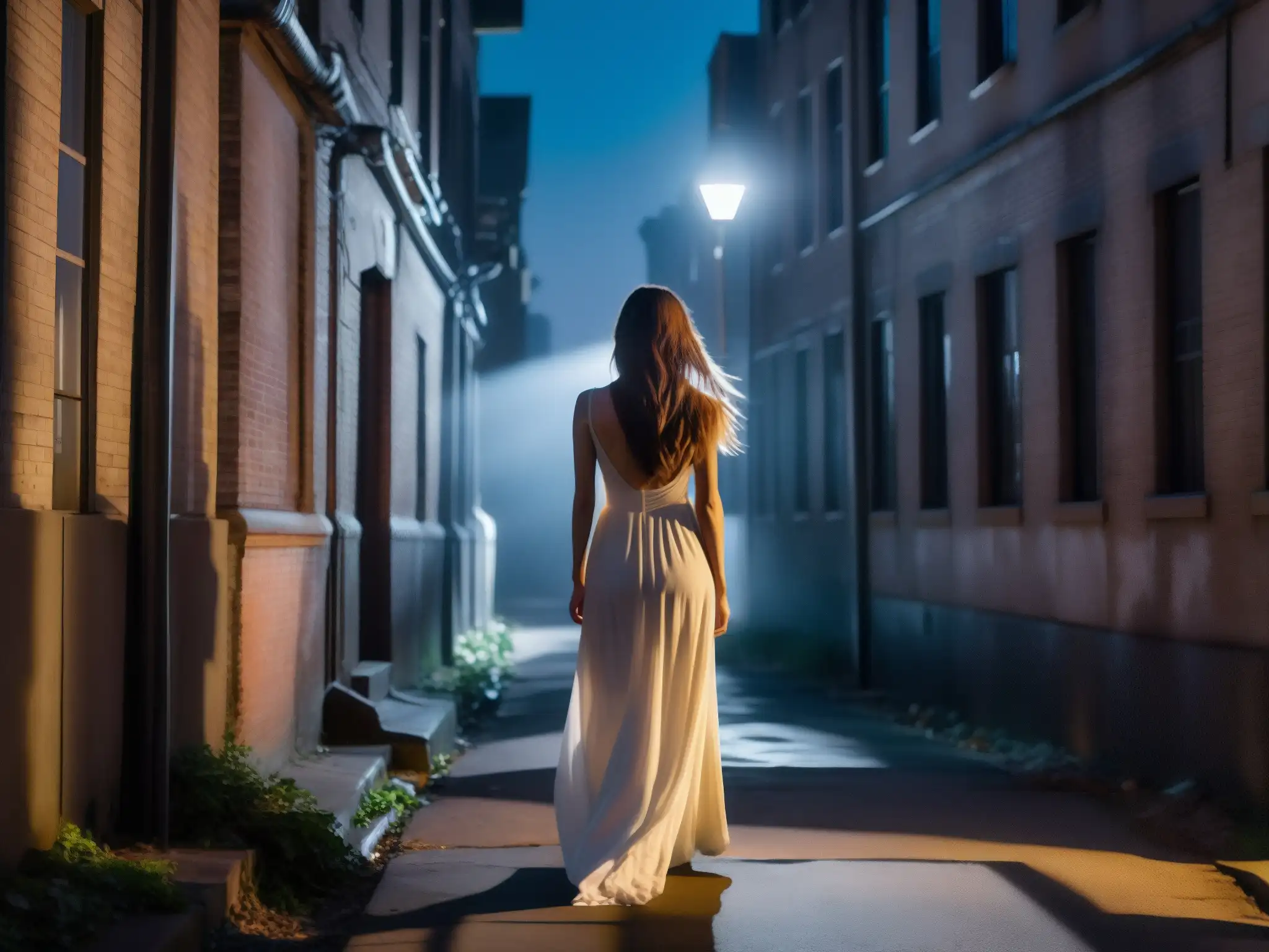 En la oscuridad de un callejón urbano, la figura fantasmal de una mujer con vestido blanco largo y cabello suelto flota con gracia espeluznante