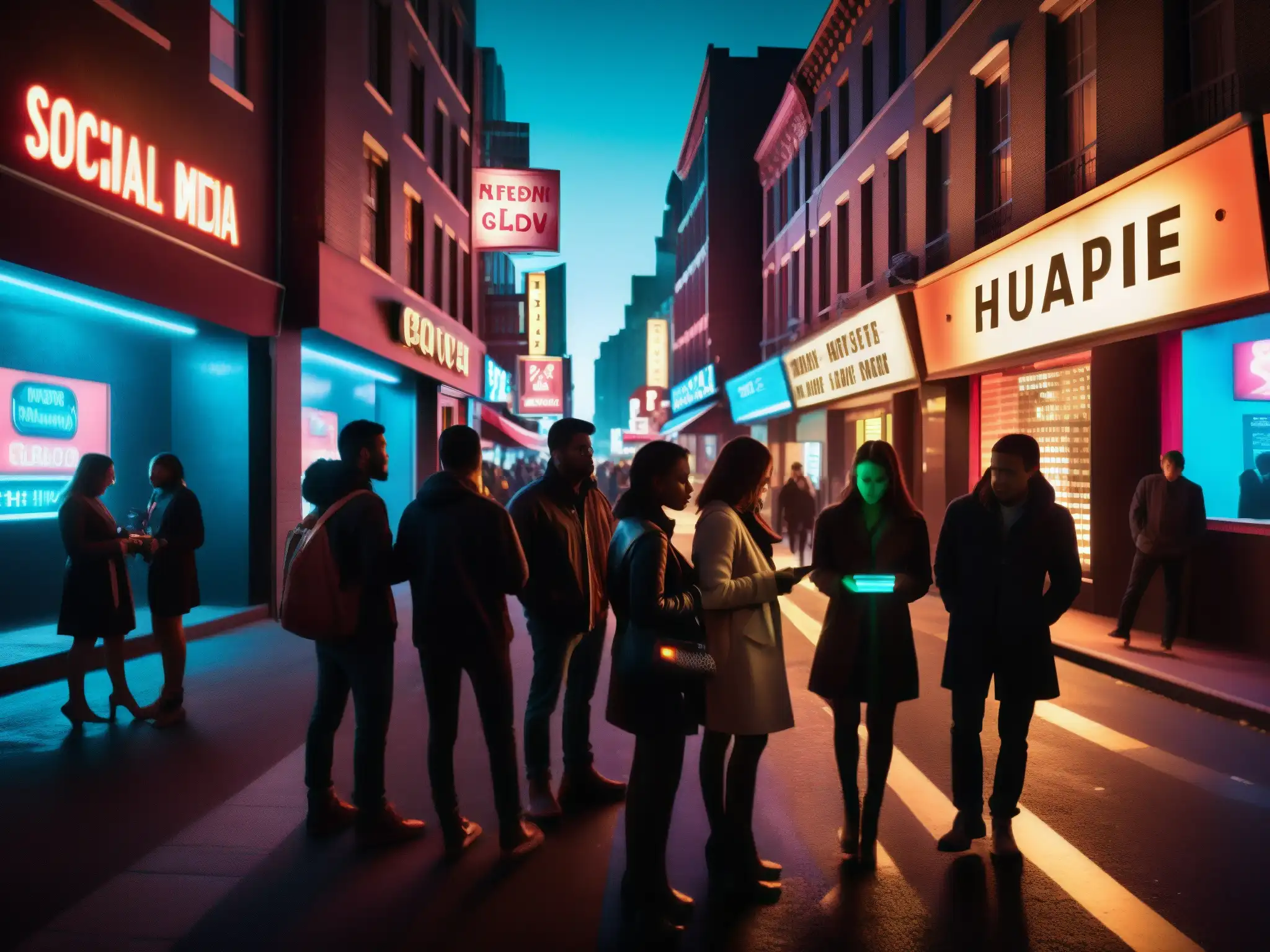 En la oscuridad de la ciudad, siluetas se reúnen bajo luces de neón, revelando el impacto de las redes sociales en las leyendas urbanas