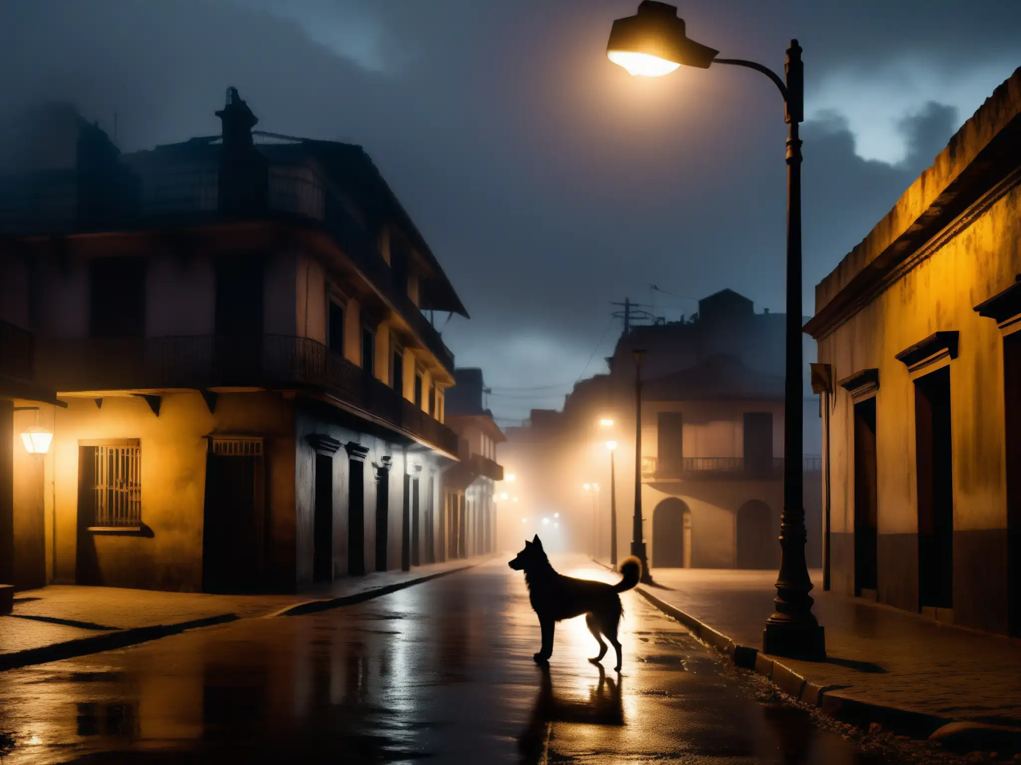 En la oscuridad de una misteriosa calle sudamericana, un perro bajo la luz titilante revela la realidad paranormal noches sudamericanas