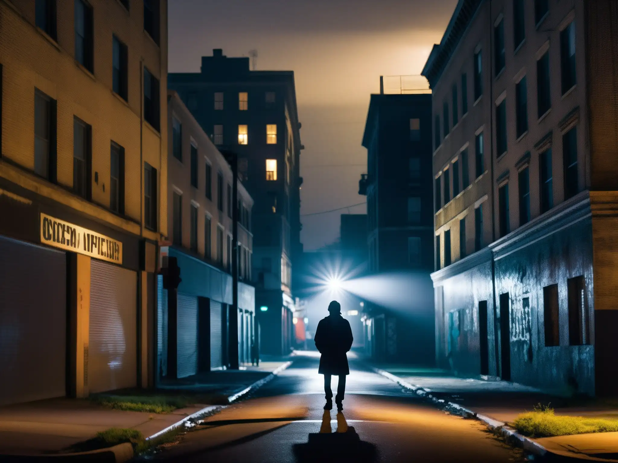 En la oscuridad de la noche, una figura misteriosa bajo la luz de la calle perpetúa leyendas urbanas en la era posmoderna