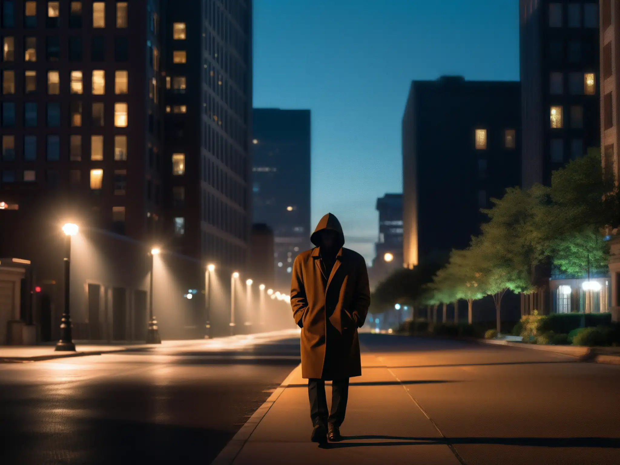 En la oscuridad de la noche, una figura solitaria camina en una calle urbana, evocando el miedo inconsciente y la influencia de las leyendas urbanas