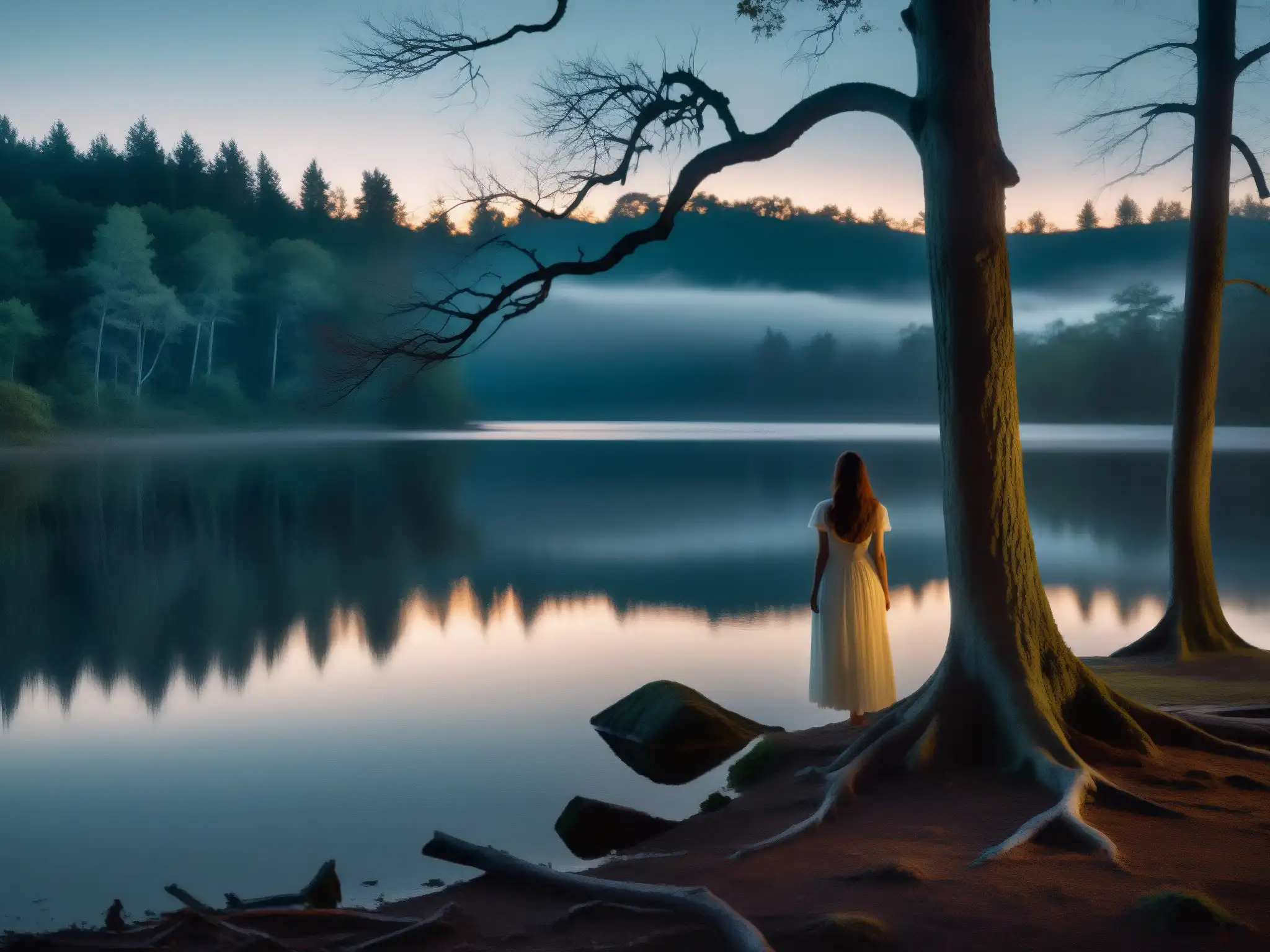 En la oscuridad de la noche, una misteriosa figura de mujer en vestido blanco junto al lago