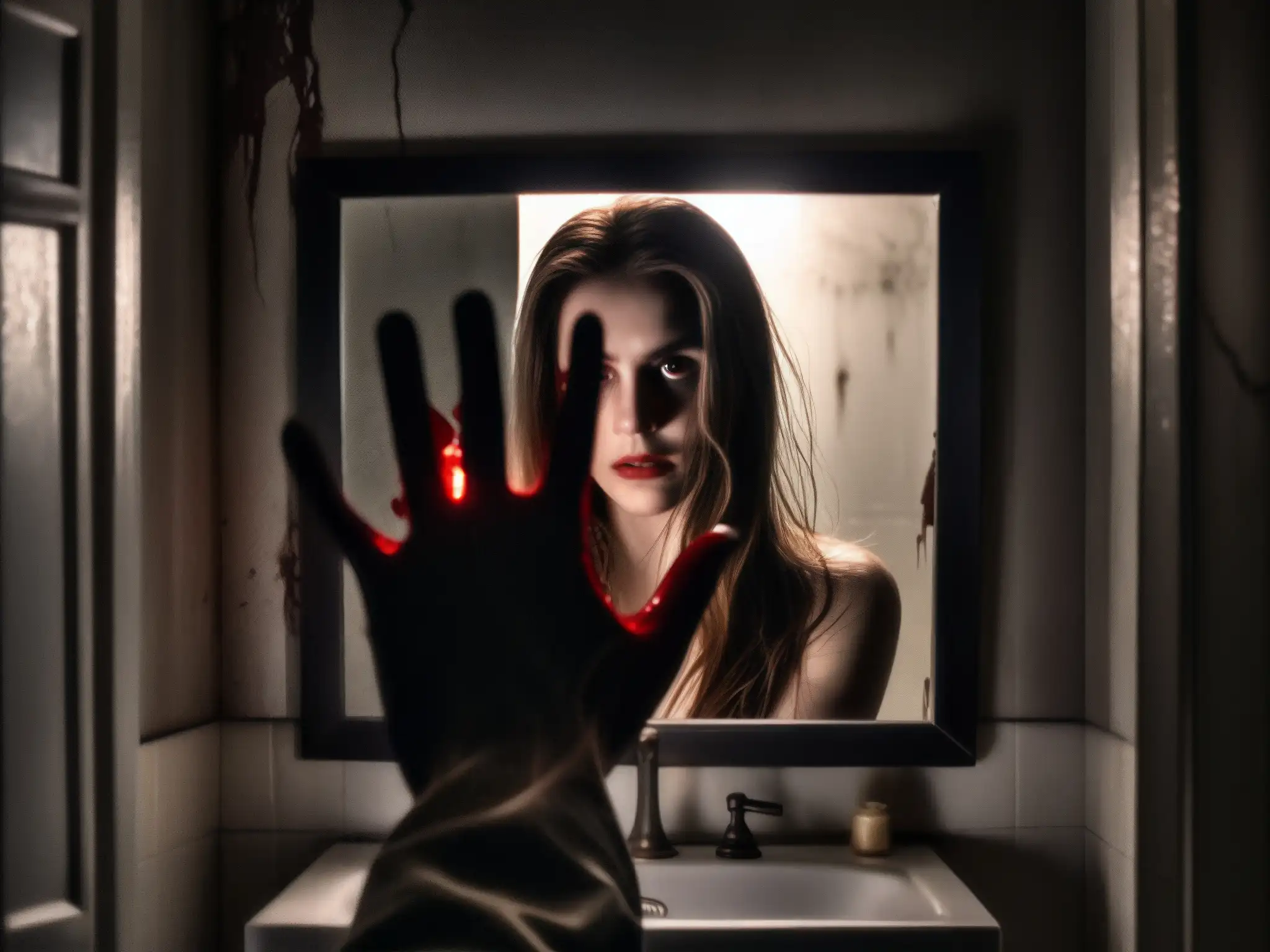 En el oscuro baño, un espejo agrietado refleja una figura sombría con ojos inyectados en sangre y cabello enredado