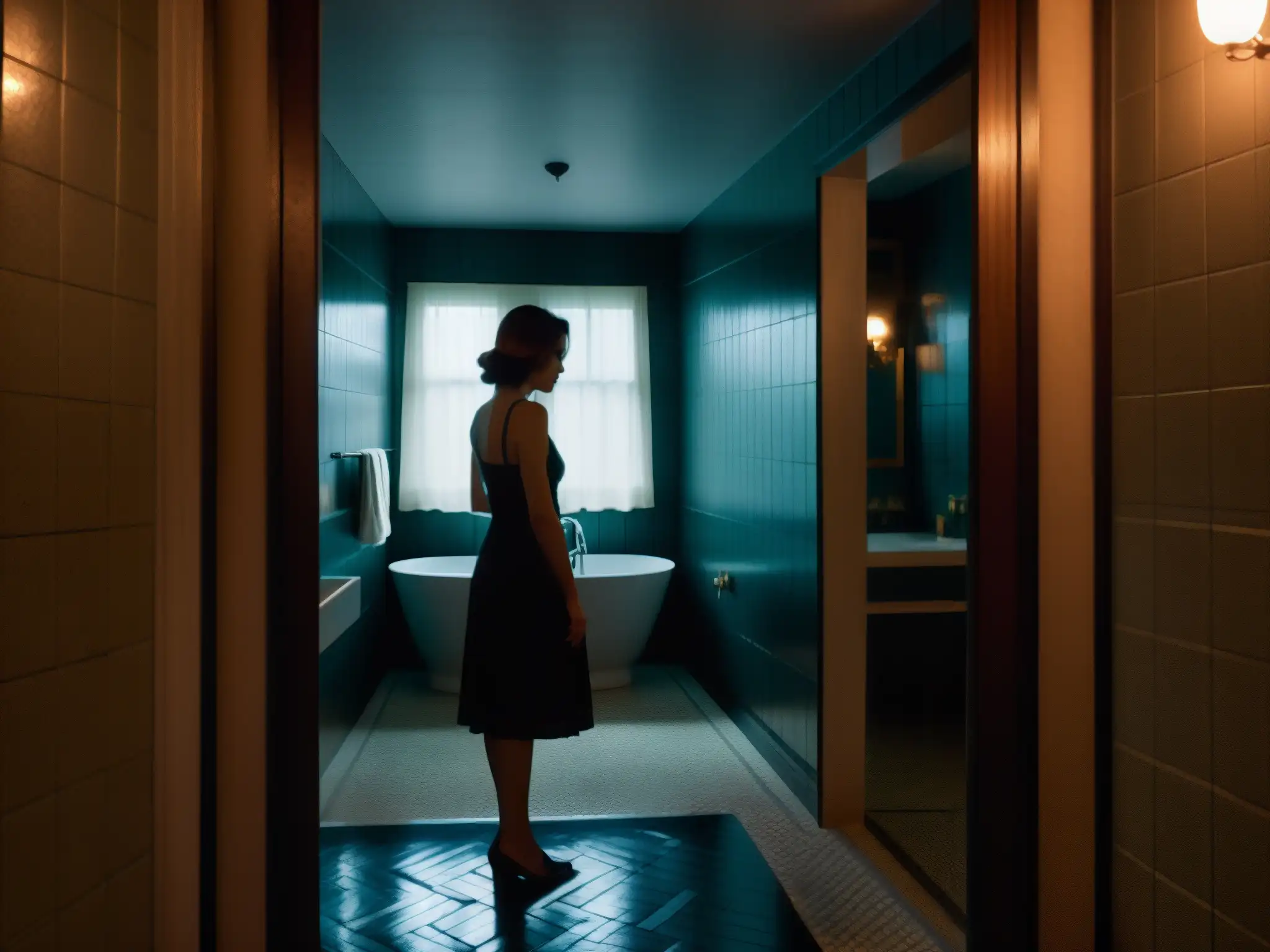 En el oscuro baño aparece un espejo vintage ligeramente agrietado con la siniestra silueta de una mujer en su reflejo