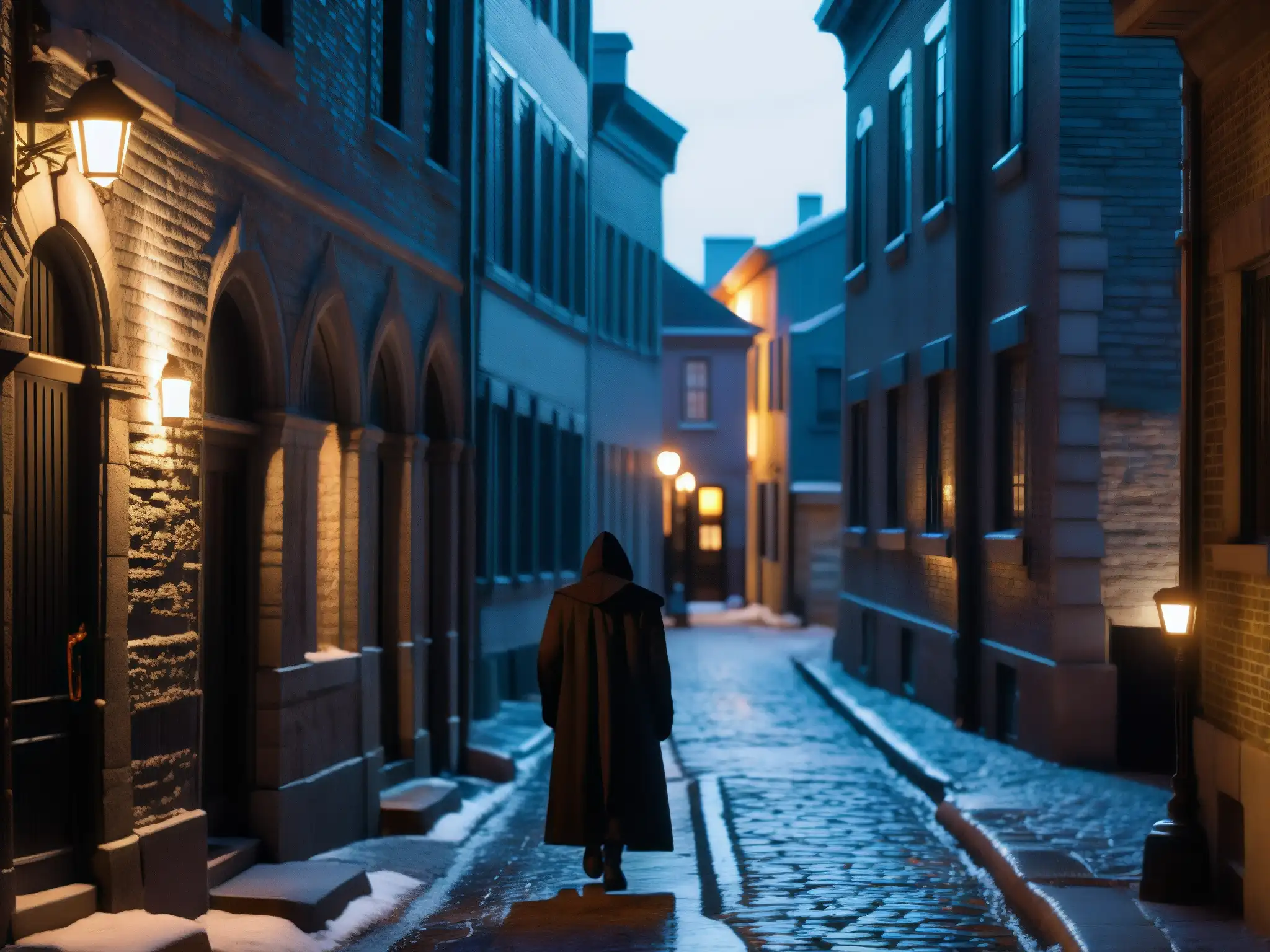 Un oscuro callejón en la calle SainteCatherine de Montreal, con la figura de un vampiro emergiendo de la oscuridad