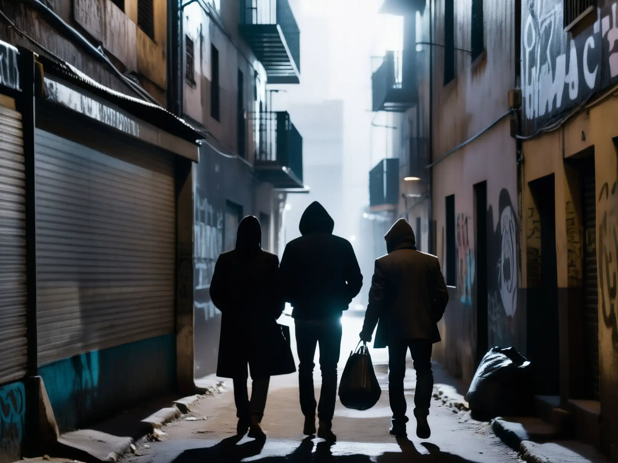 En un oscuro callejón de una ciudad latinoamericana, figuras encapuchadas intercambian miradas y sujetan maletines