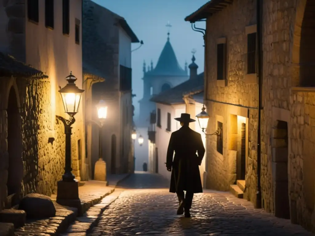 Un oscuro callejón empedrado en un pueblo histórico español, con faroles de gas titilantes que crean un brillo misterioso