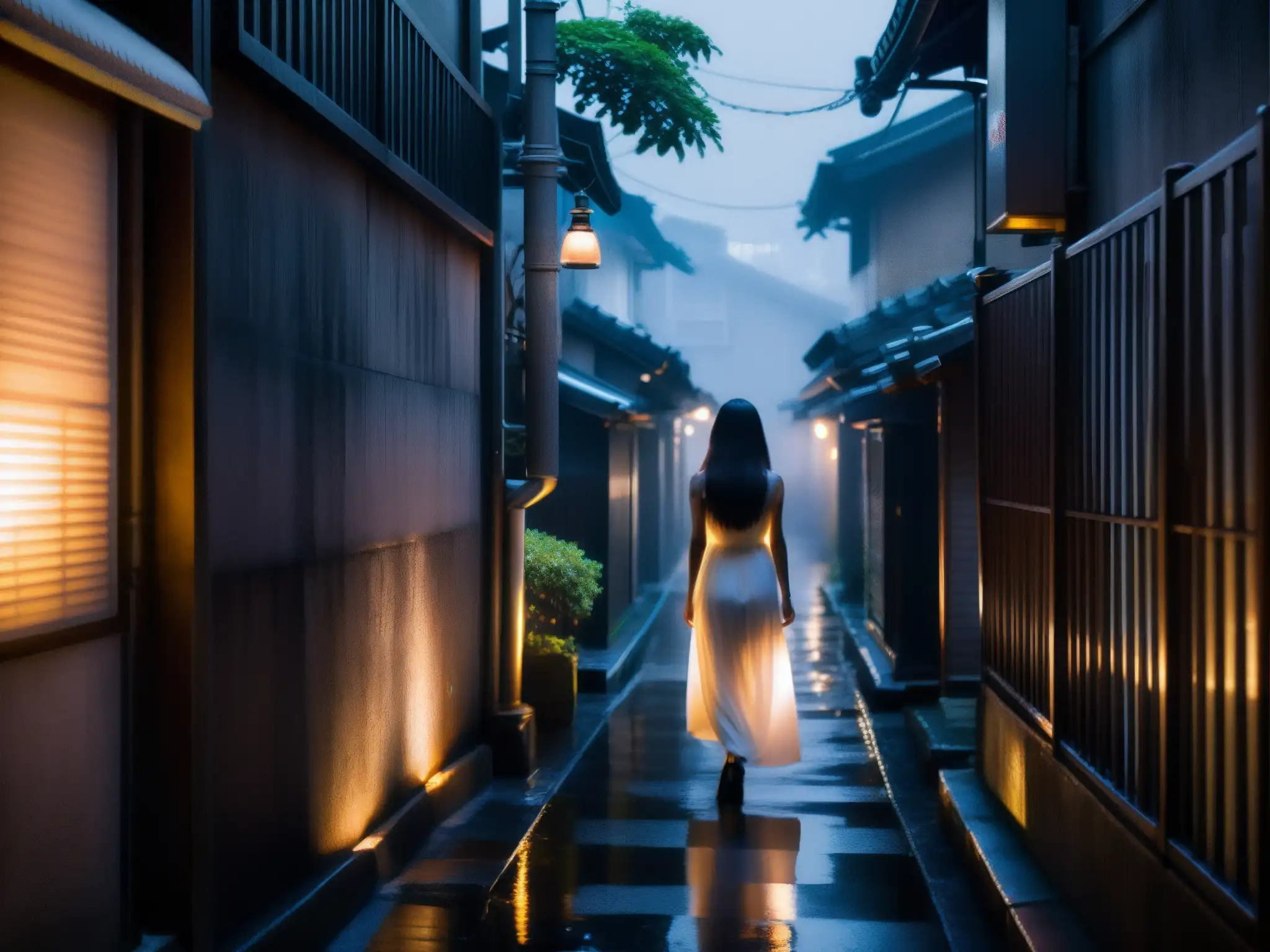 En un oscuro callejón de Tokio, una figura fantasmal con vestido blanco flota amenazante
