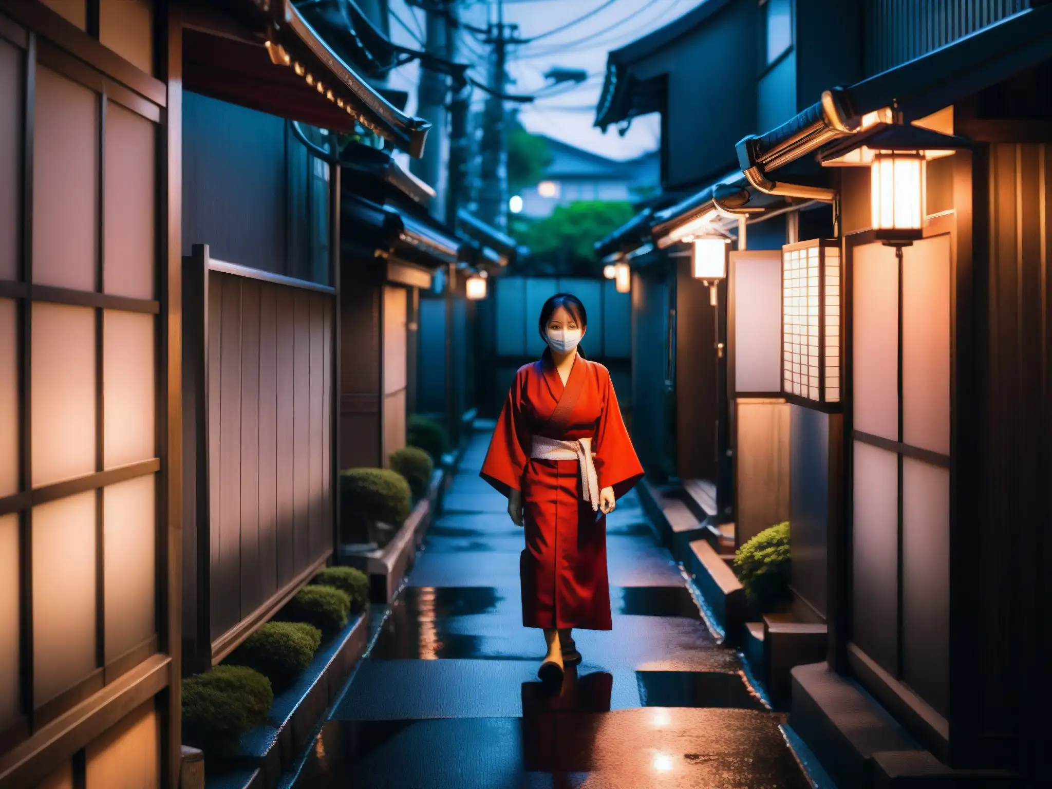 En un oscuro callejón de Tokio, Japón, una figura solitaria con kimono ensangrentado y máscara quirúrgica, sosteniendo tijeras