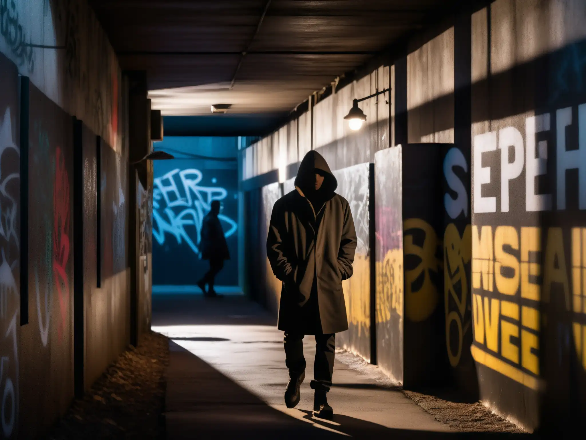 Un oscuro callejón con graffiti amenazantes y figuras misteriosas