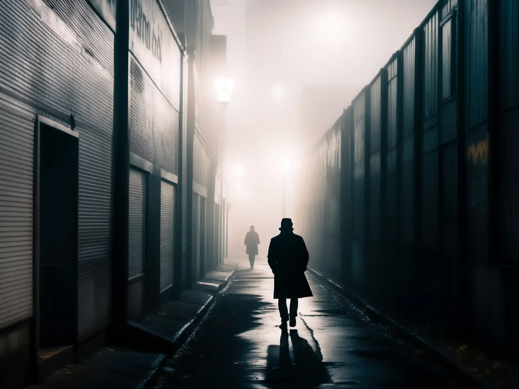 Un oscuro callejón con grafitis y una figura solitaria creando sombras en la neblina
