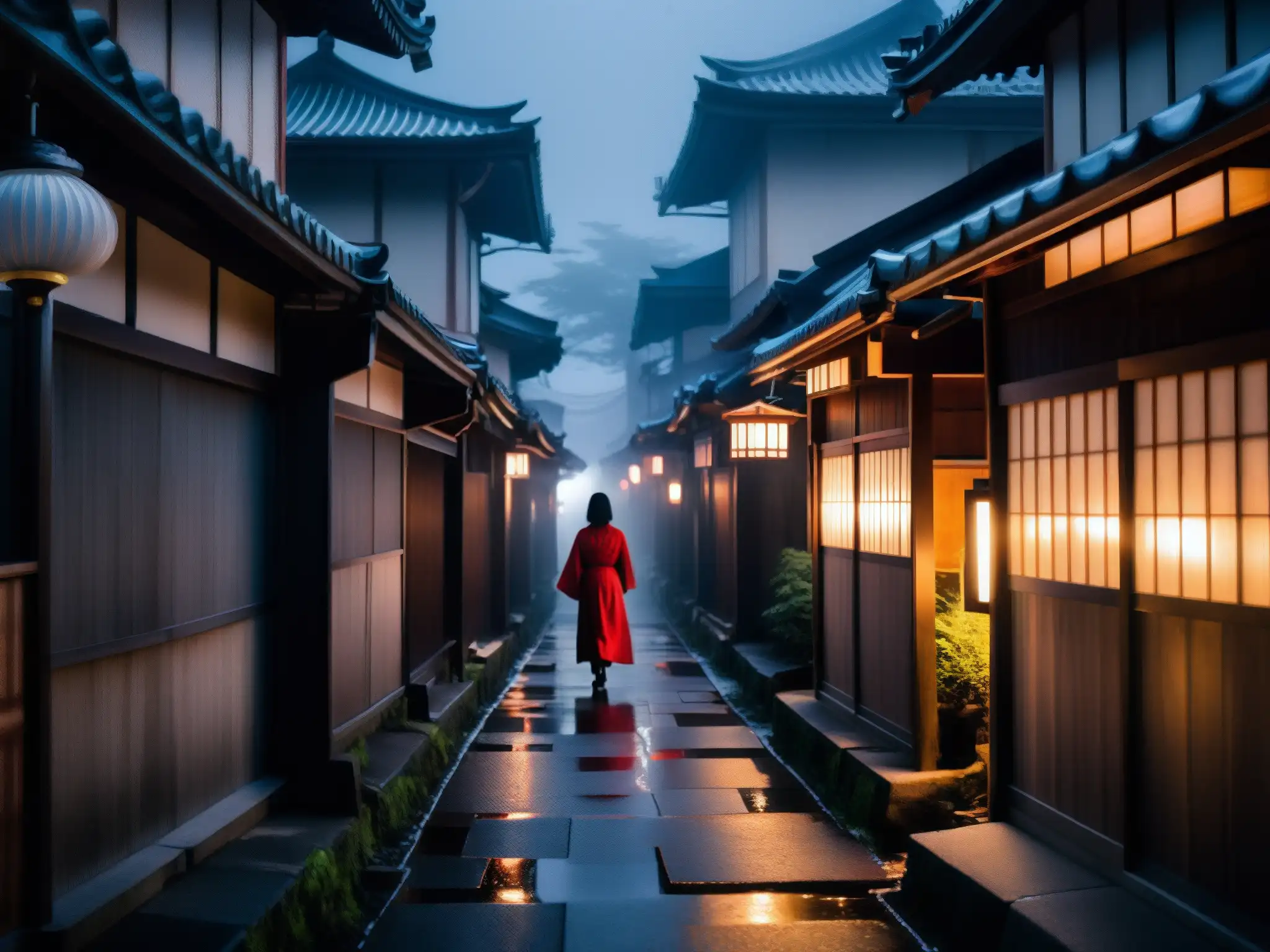 Un oscuro callejón japonés con la figura borrosa de TekeTeke, creando una atmósfera inquietante