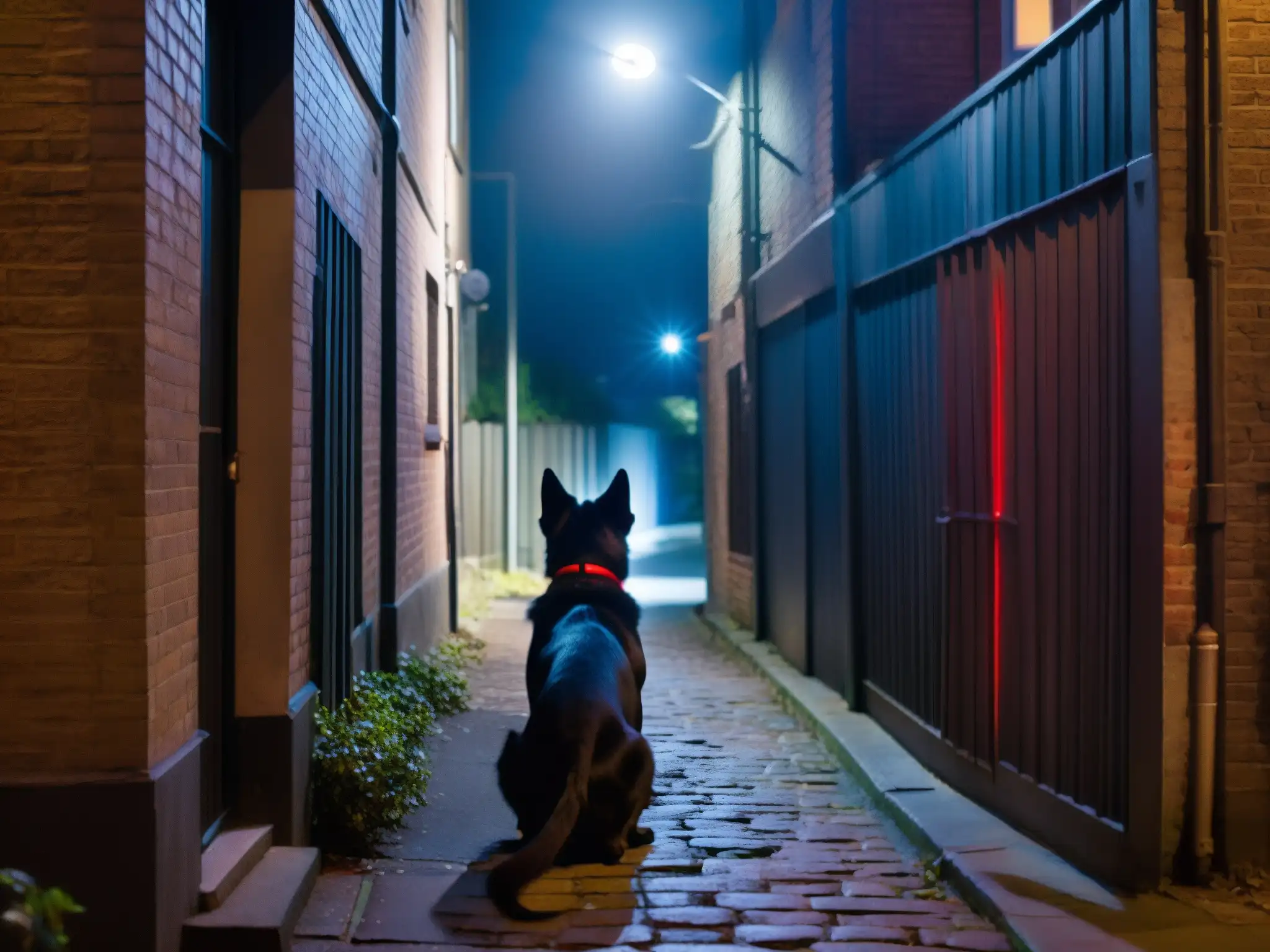 Un oscuro callejón nocturno con un solitario farol y un inquietante perro negro de ojos rojos