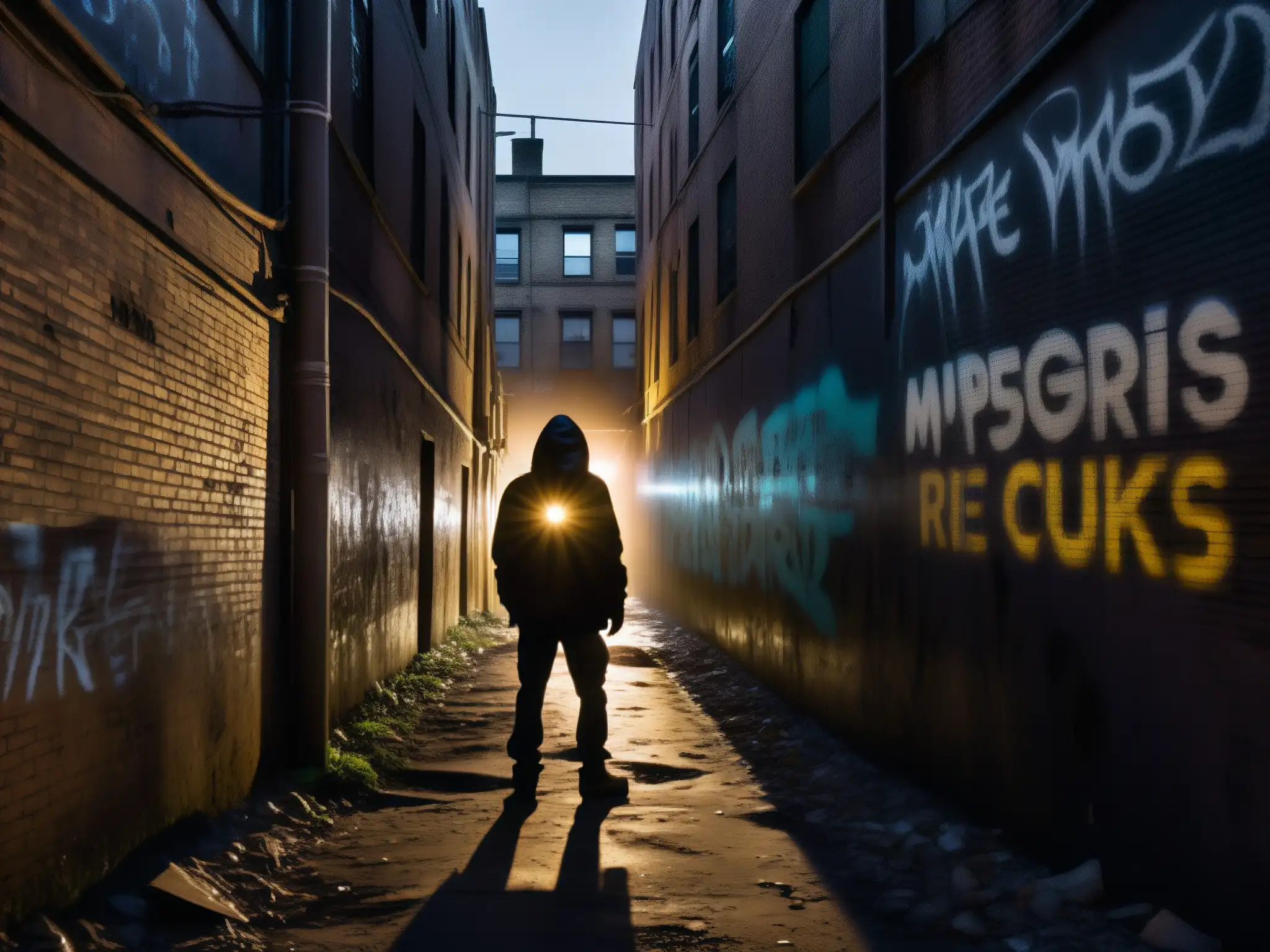 Un oscuro callejón urbano con graffiti y luces parpadeantes