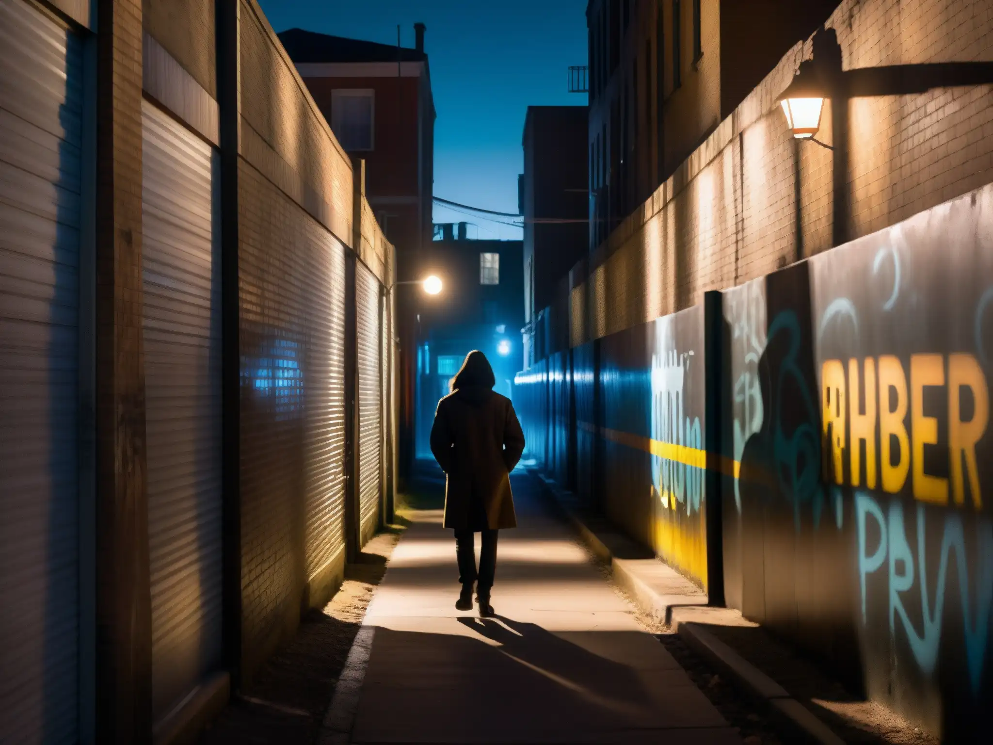 Un oscuro callejón urbano, con grafitis y luces tenues que proyectan sombras largas