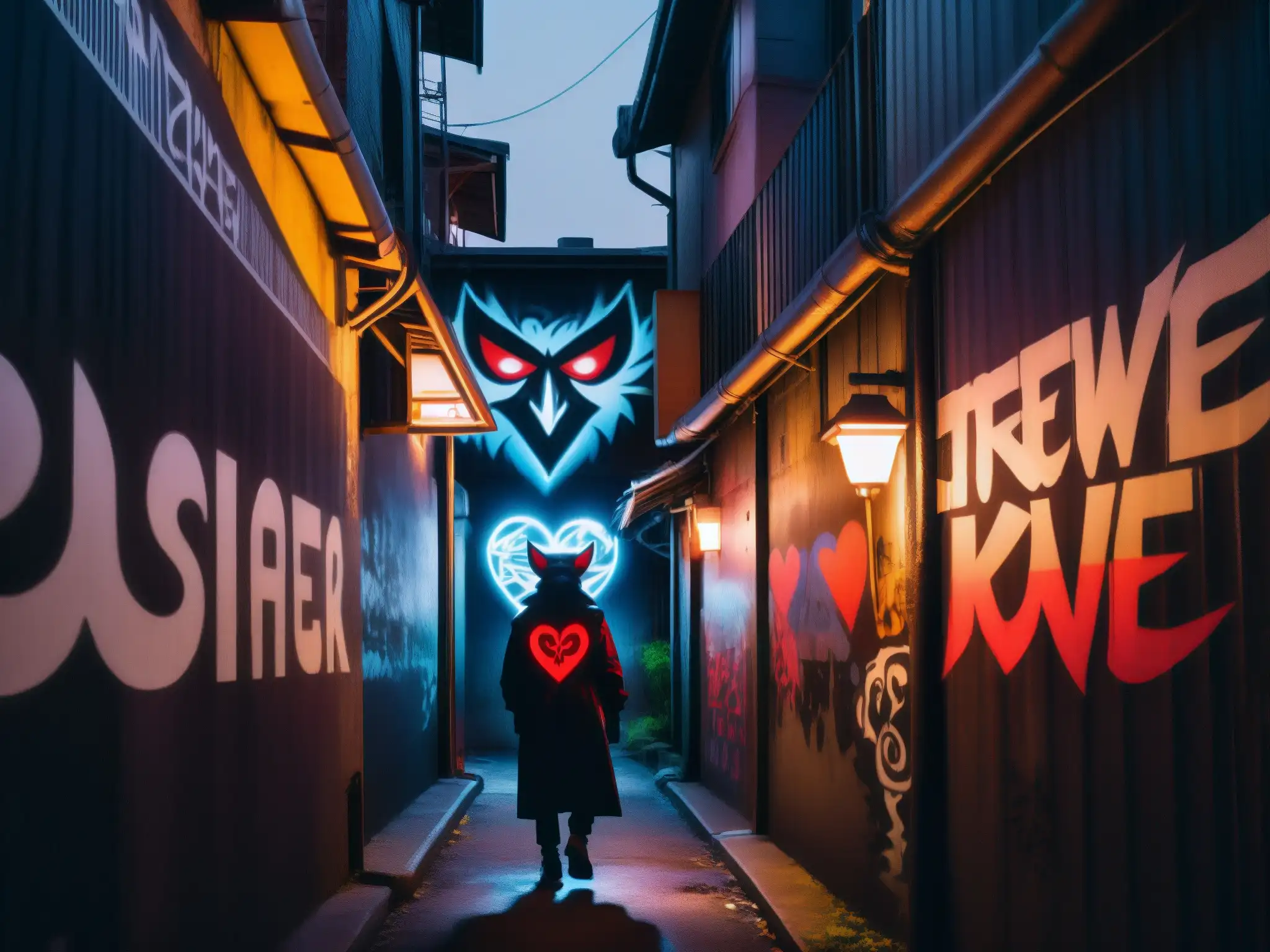Un oscuro callejón urbano con grafitis y luces titilantes