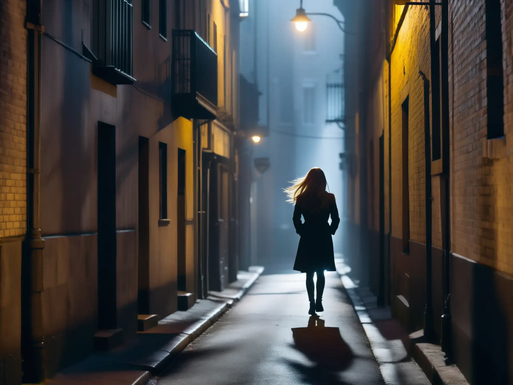 Un oscuro callejón urbano con neblina, luces tenues y la figura borrosa de la leyenda urbana japonesa TekeTeke en la distancia