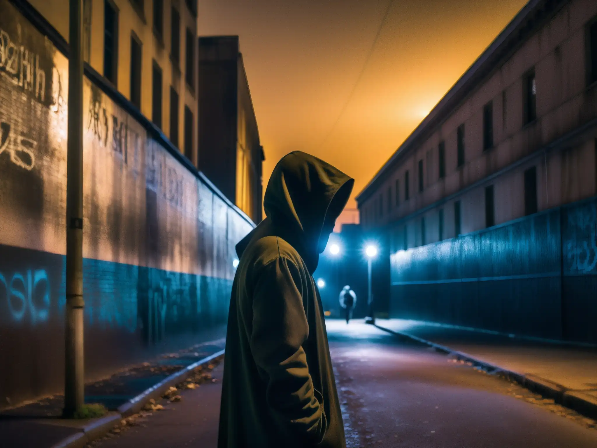 Un oscuro callejón urbano de noche con figuras misteriosas, reflejando la función advertidora de leyendas urbanas
